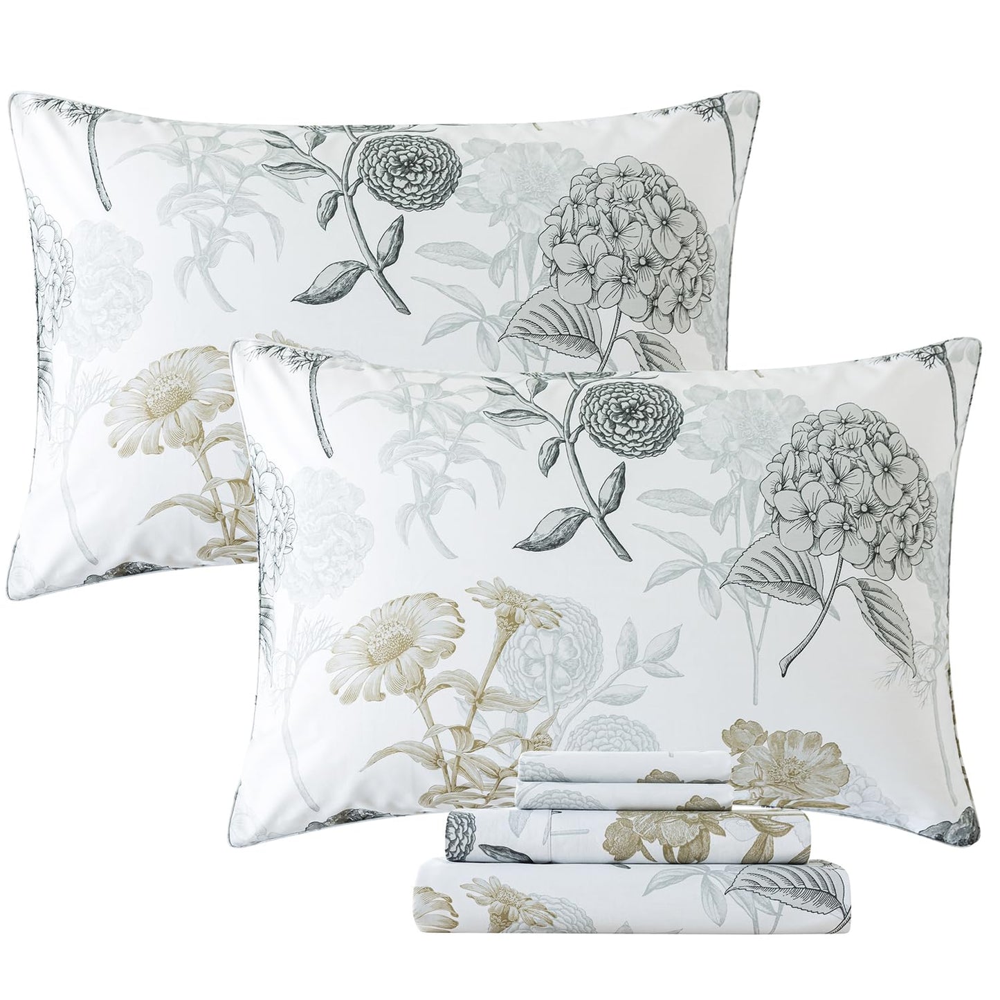 FADFAY Queen Sheets Set Percale Cotton Grey Floral Bed Sheets Deep Pocket Fitted Sheet, Luxury Ink Vintage Grey Hydrangea Printed Shabby White Bedding for All Season, Super Soft Crisp & Cool, 4 Pcs