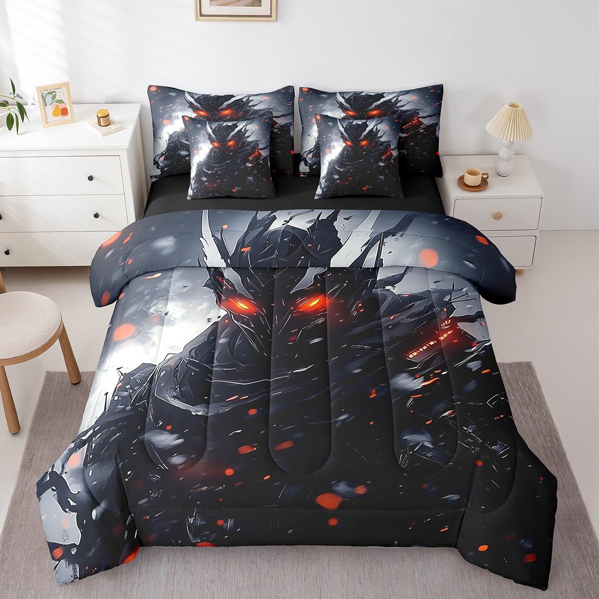 7-Piece 3D Samurai Bedding Comforter Sets for Boys Men Japanese Style Bed in a Bag, Black and Grey Full Bedding Sets Anime Theme Comforter Set, Gray Ombre Tie Dye Watercolor Bedding Sets & Collections
