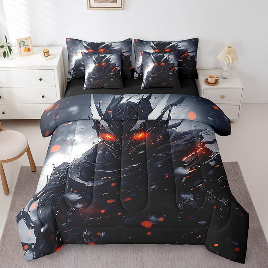 7-Piece 3D Samurai Bedding Comforter Sets for Boys Men Japanese Style Bed in a Bag, Black and Grey Full Bedding Sets Anime Theme Comforter Set, Gray Ombre Tie Dye Watercolor Bedding Sets & Collections