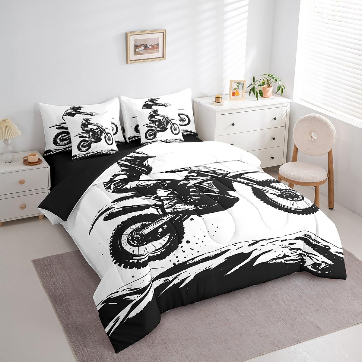 Erosebridal Teens Dirt Bike 7 Pcs Comforter Set Twin Size Motocross Rider Bedding Sets for Kids Boys Teens Adult Motorbike Extreme Sport Bed in A Bag Motorcycle Grunge Sheet Set