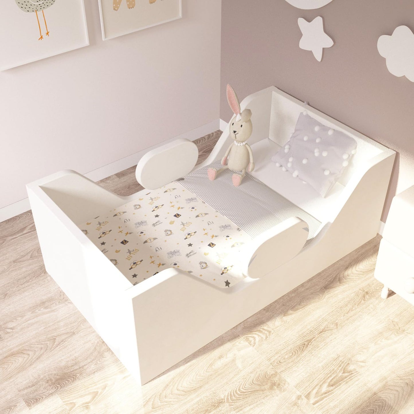 weeonekids Toddler Bed, Child Bed for Kids with Extra Safty Broad, Standard Crib Size Toddler Bed, Certified Fabric Toddler Beds,Toddler Flood Bed (White)