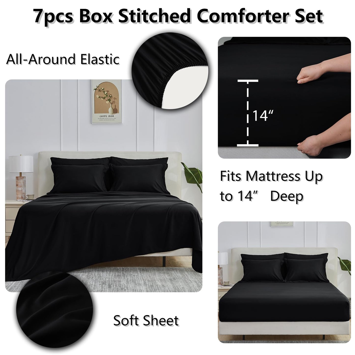 CozyLux Queen Comforter Set Black - 7 Pieces Bed in a Bag Queen, Oeko-Tex Certified Bedding Set, All Season Soft Bed Set with Down Alternative Comforter, Sheets, Pillowcases & Shams