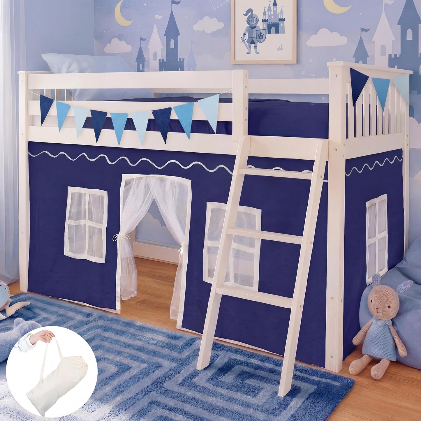 Breling 3 Panel Bunk Bed Curtains for Bottom Loft Bed Tent Set with Felt Flag Double-Layer Twin Bunk Curtains Playhouse Accessories for Boy Girl Bedroom(Blue and White,Classic)