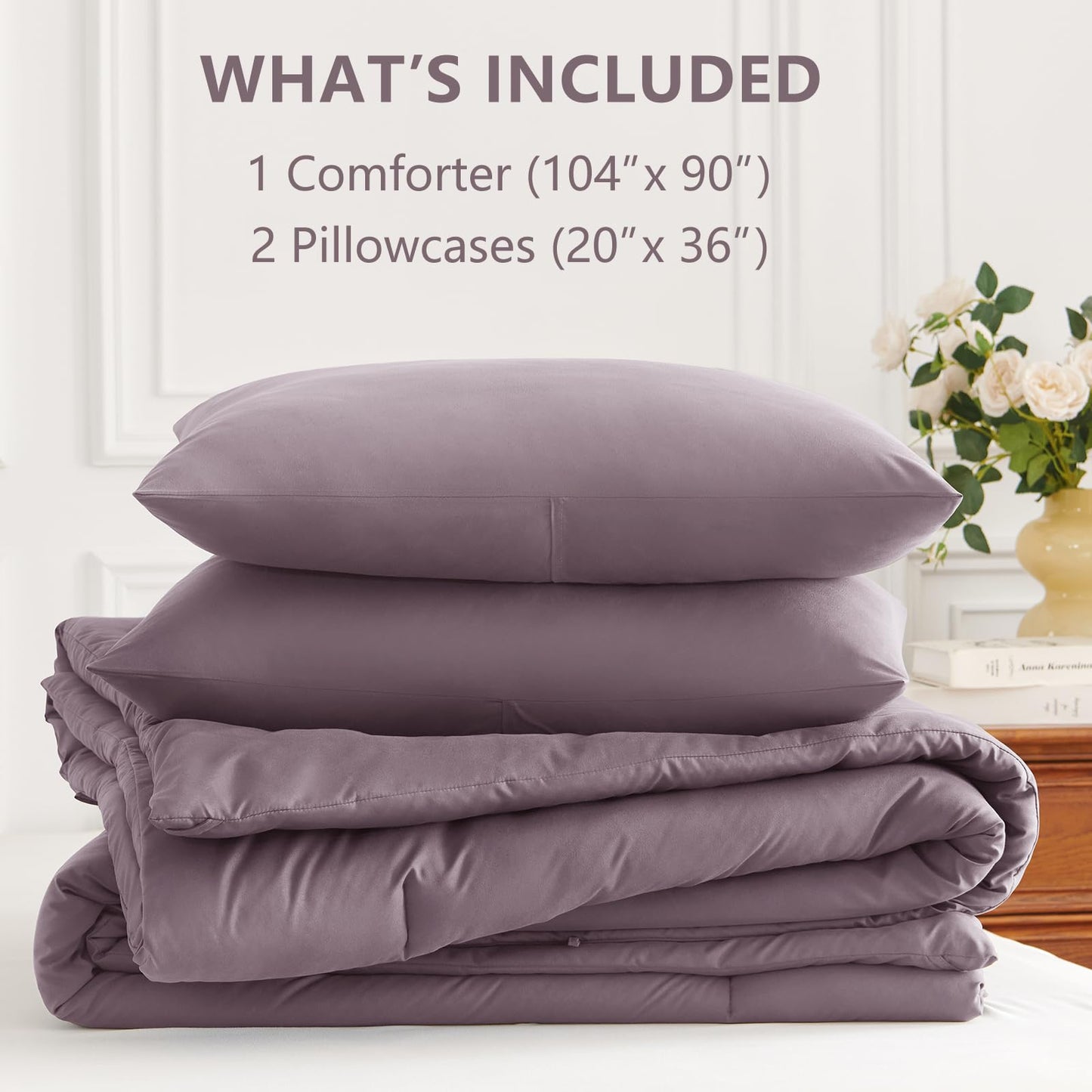 HIMEET King Size Comforter Set 3 Piece, 270GSM Down Alternative Fill, Oeko-TEX Certified, Quilted with 8 Corner Ties, All Season Bedroom Bedding with 2 Pillowcases, Dusty Purple