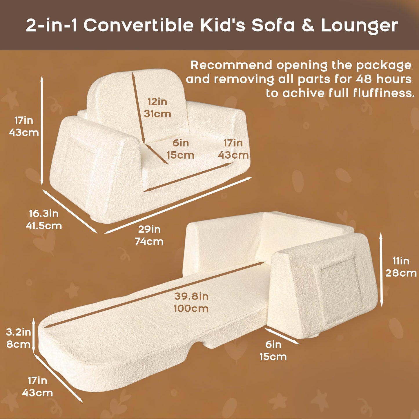 BanaSuper Wide Kids Sofa, Convertible Foam Couch for Children 3-8, Cream
