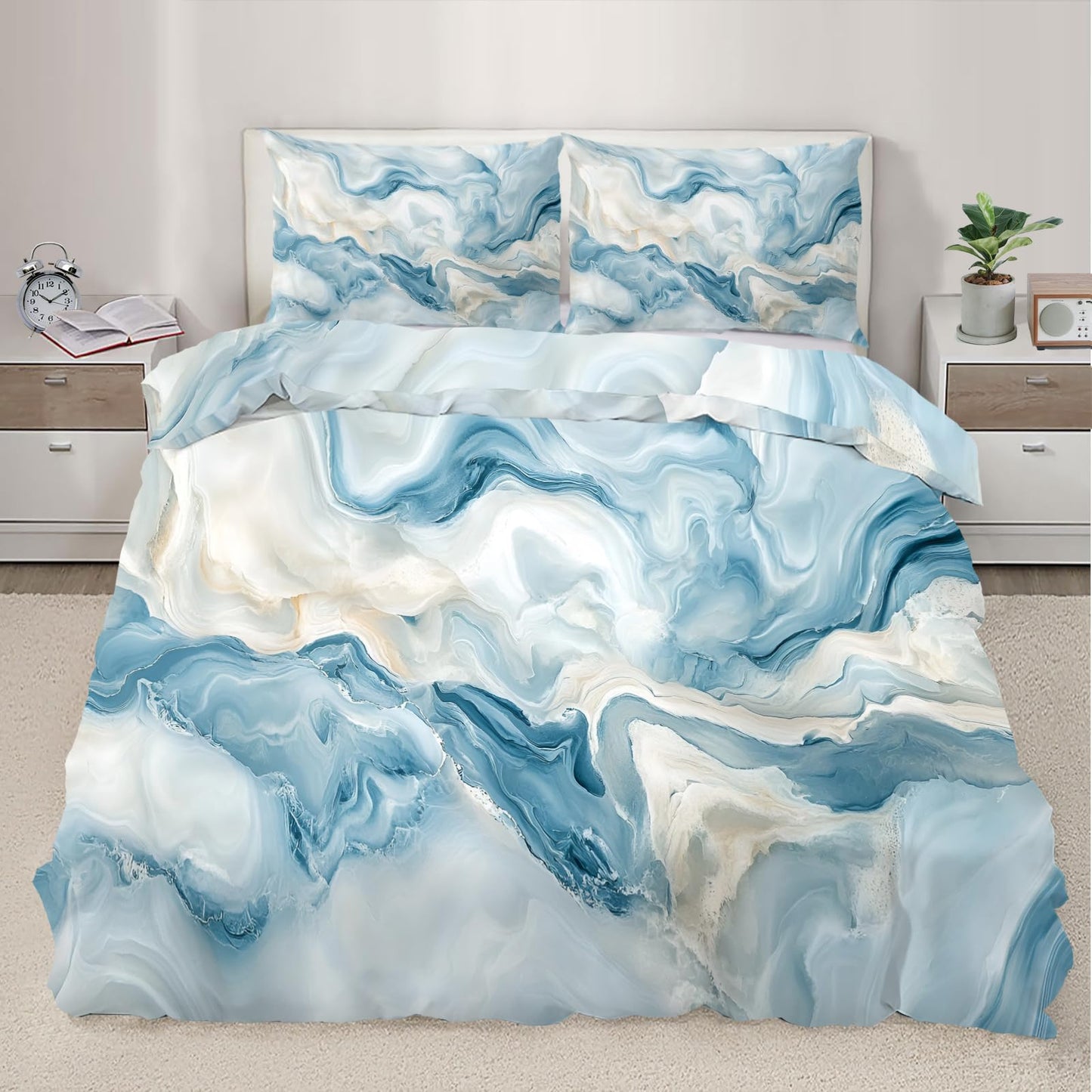 PAISUOQ Marble Bedding Sets Full Blue Marble Comforter Cover with Zipper Ties, Fluid Texture Duvet Cover with 2 Pillowcases, 3 Pieces，Bedroom Decor & Gifts