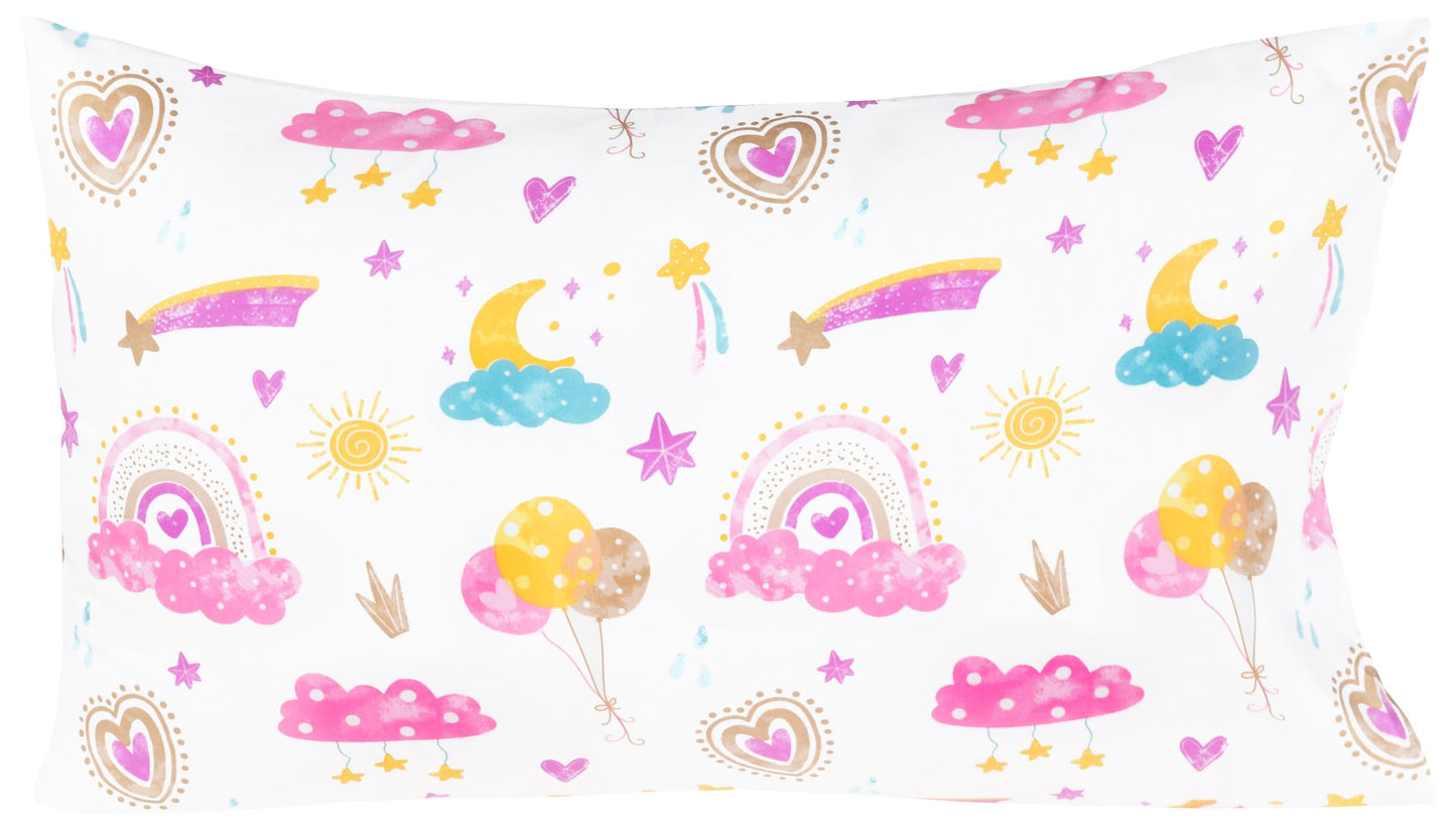 Scientific Sleep Pink Cloud Heart Rainbow Balloon Moon Star Cute Fun 100% Cotton Cozy Twin Bed Sheet Set, Flat Sheet & Fitted Sheet & Pillowcase Natural Bedding Set