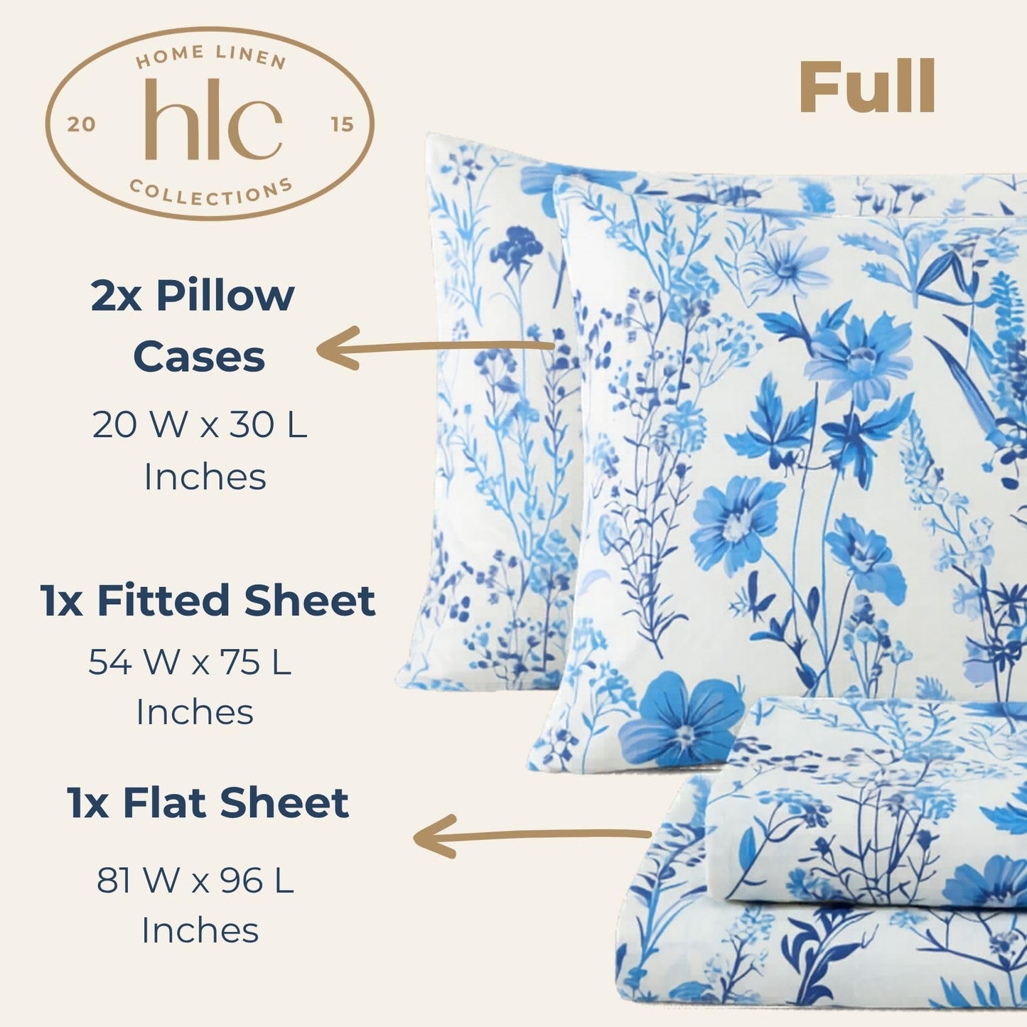 HLC.ME Blue Floral Bed Sheets - 4 Piece Bed Sheet Set - Wrinkle Resistant & Ultra Soft - Fits Mattresses up to 15 Inches Deep (Full)