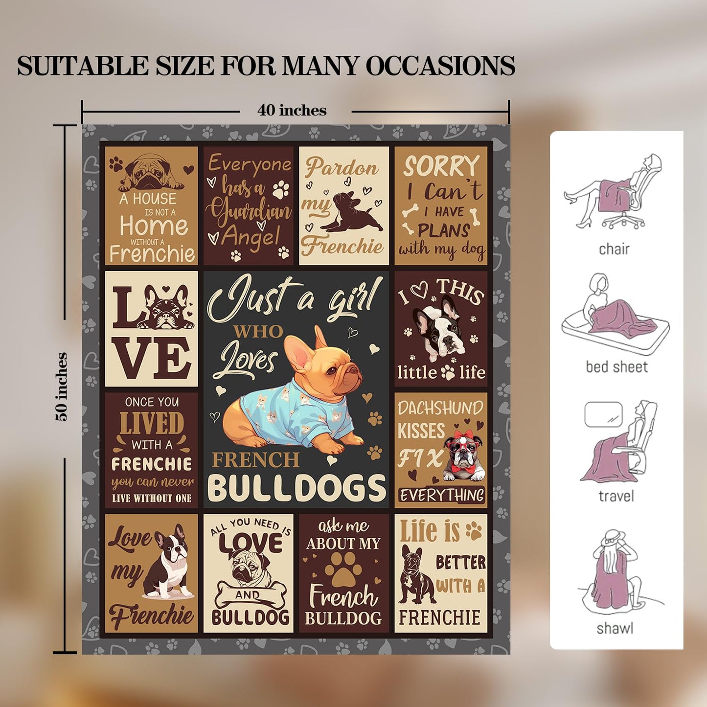 French Bulldog Lover Gift for Women - 50"x40" Ultra Soft Plush Flannel Fleece French Bulldog Throw Blanket, Cozy Fluffy Decor for Couch Bed, Christmas Birthday Present