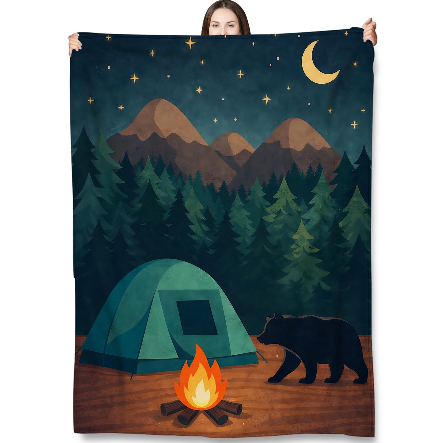 Turamurra Camping Night Forest Throw Blanket Gifts for Kids Women, Bear Campfire Mountain Wilderness Blankets for Home, Living Room, Bedroom Decor, Flannel Plush 50"x60"