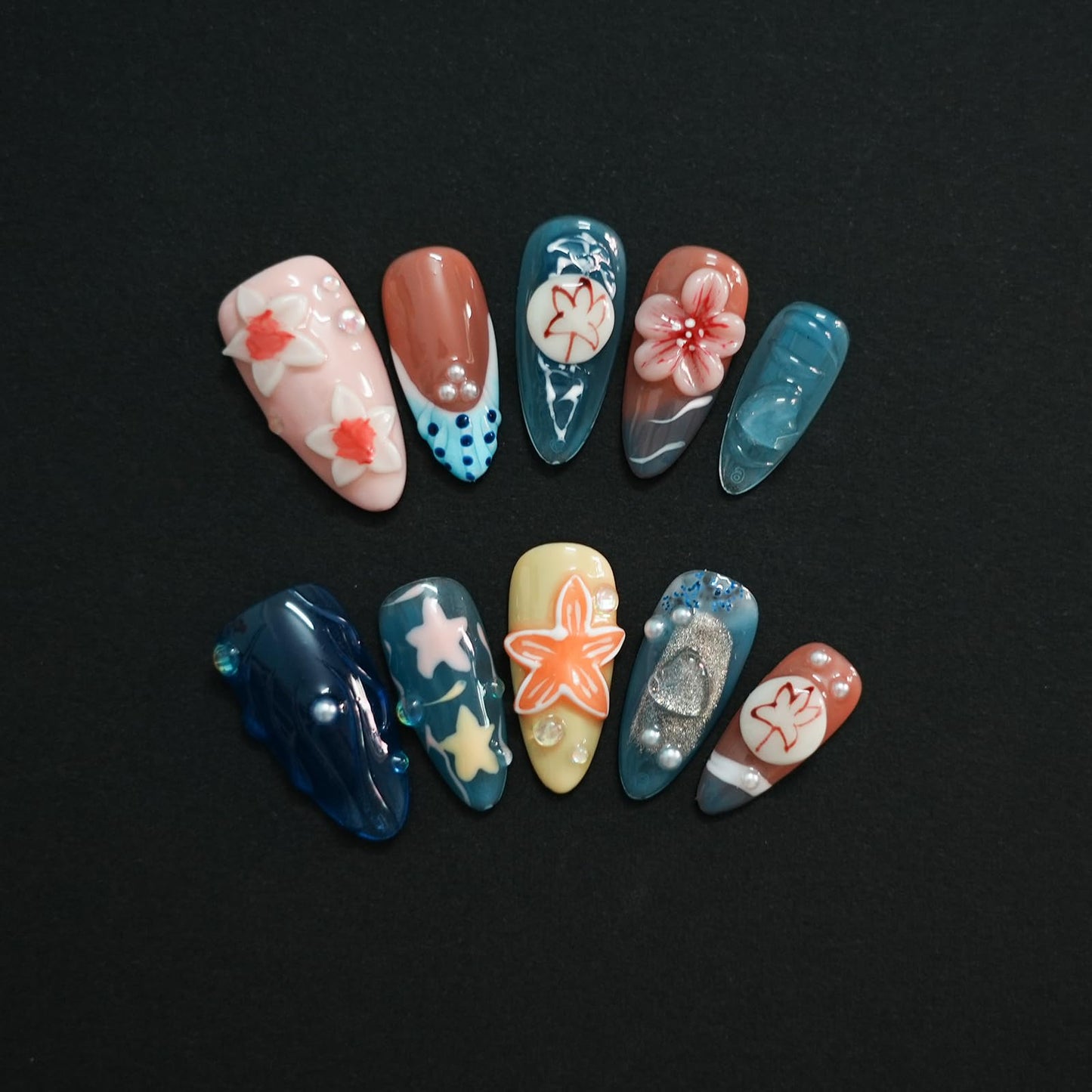 Tesytto Medium Almond Press on Nails Handmade - 3D Sea Starfish & Blue Floral Carving, Ocean French Tip Summer Beach Full Cover False Nails (Blue Floral Carving,M)