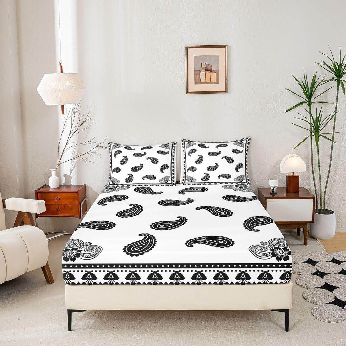 Erosebridal Paisley Floral Bed Sheets Set Full Mandala Exotic Chic Flower Sheet Set Retro Boho Sheets Black White Flat Fitted Sheet