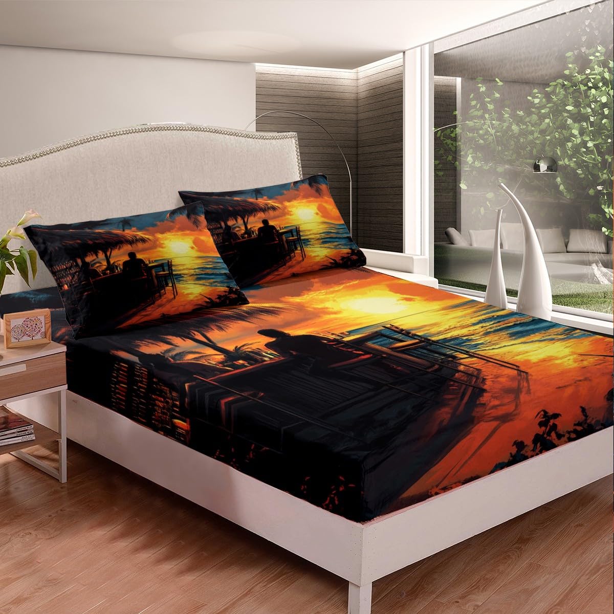 Erosebridal Tiki Bar Bedding Set Queen Size, Ocean Beach Fitted Sheet Palm Tree Leaves Bed Sheets for Kids Teens Adult Bedroom Decor, Tropical Hawaii Sunset Sheets with 2 Pillow Cases