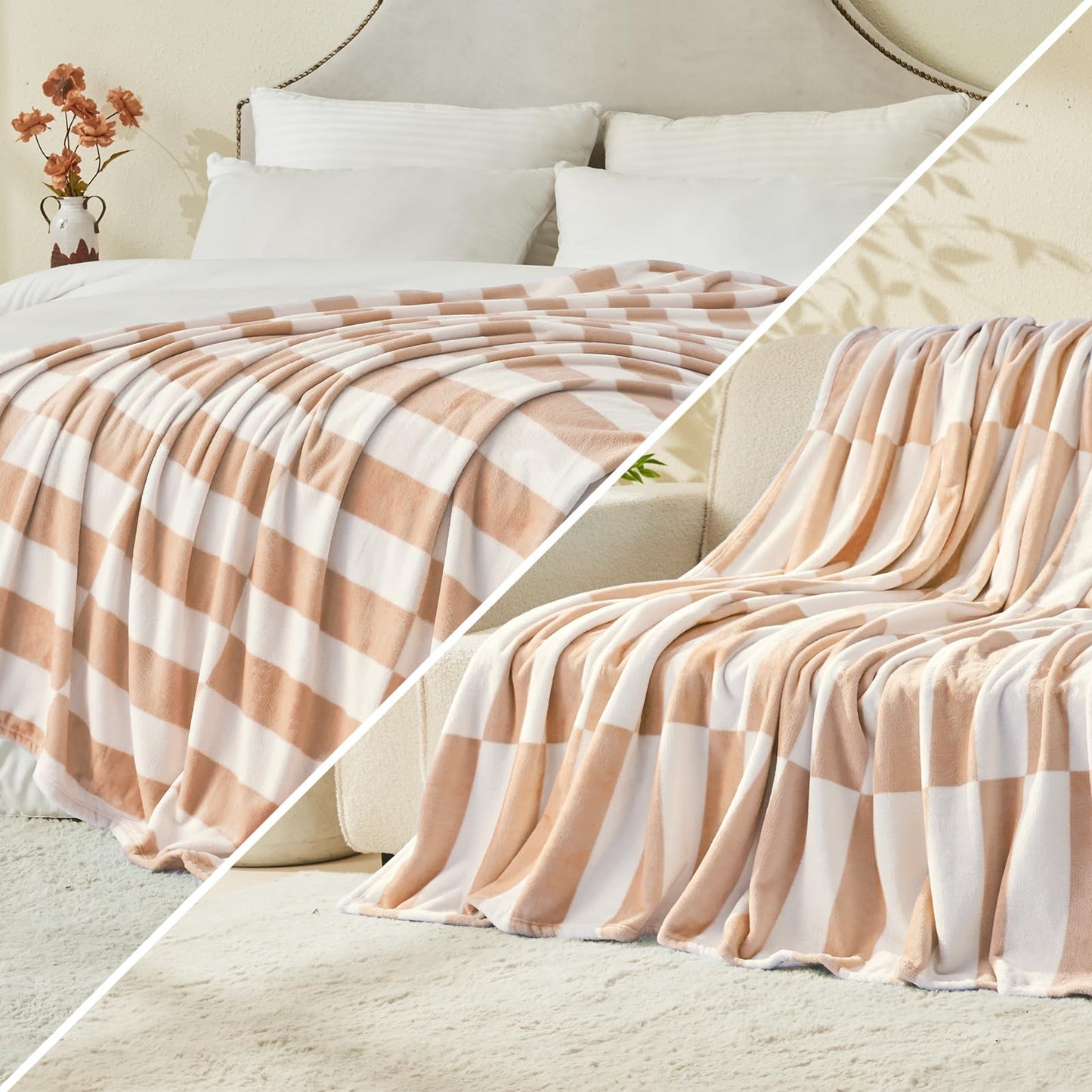PLEVONITH Cozy Blankets for Women Gift - Striped Throw Blanket Checkered, Brown Warm Blankets for Winter, Twin Blanket 60x80 Inches
