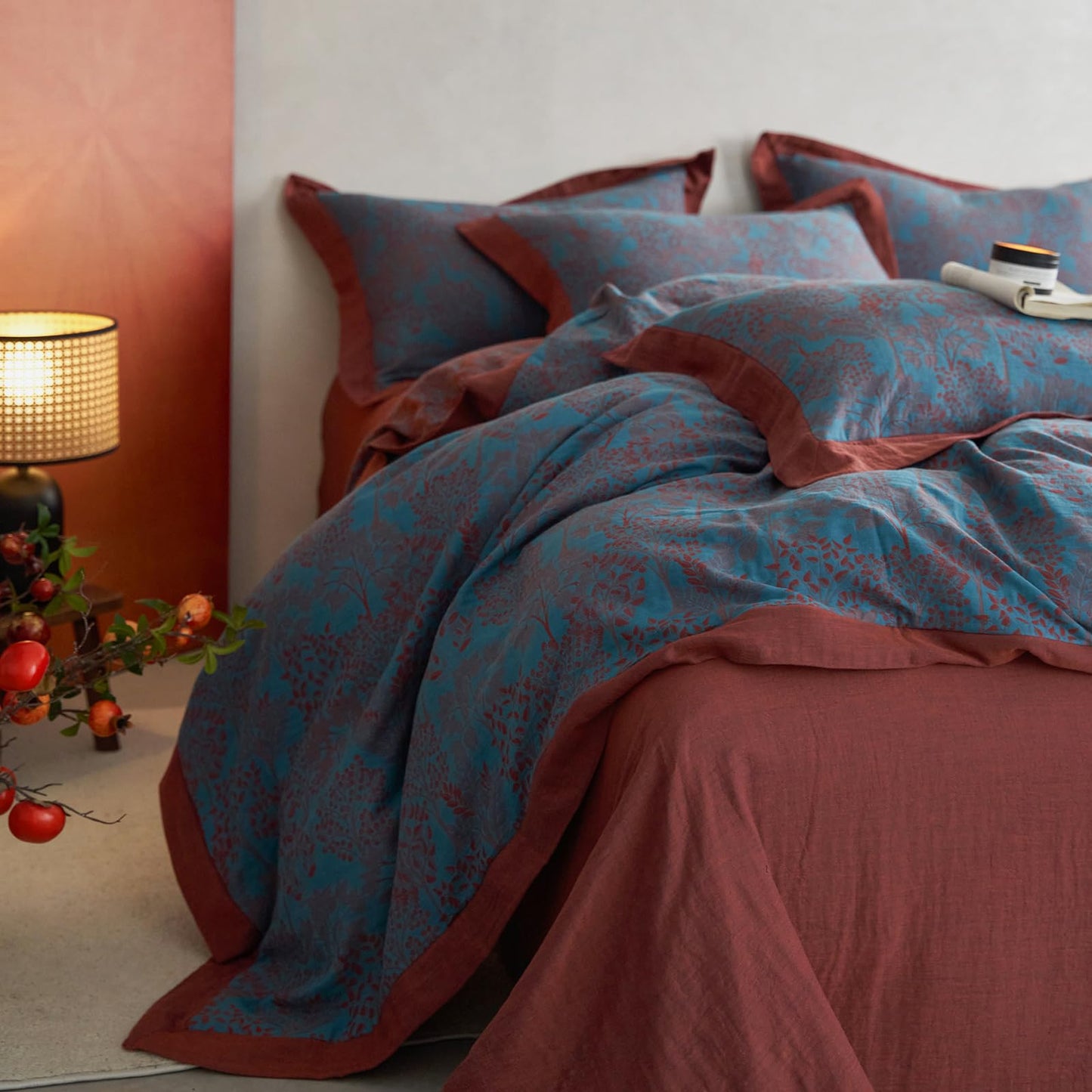 VM VOUGEMARKET Blue Red Duvet Cover Queen,3 Pieces Retro Jacquard Forest Theme Tree Leaves Bedding Set,Linen Cotton Yarn-Dyed Textured Duvet Cover with Zipper Closure