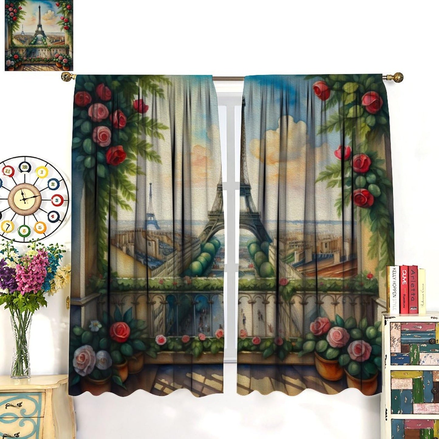 Wallira Paris Eiffel Tower Scene Curtains,Cityscape Rural Oil Painting Landscape Rose Decor Rod Pocket Window Treatments for Girl Women Aldult Bedroom Living Office Restaurant Drapes 41" W X 45" L