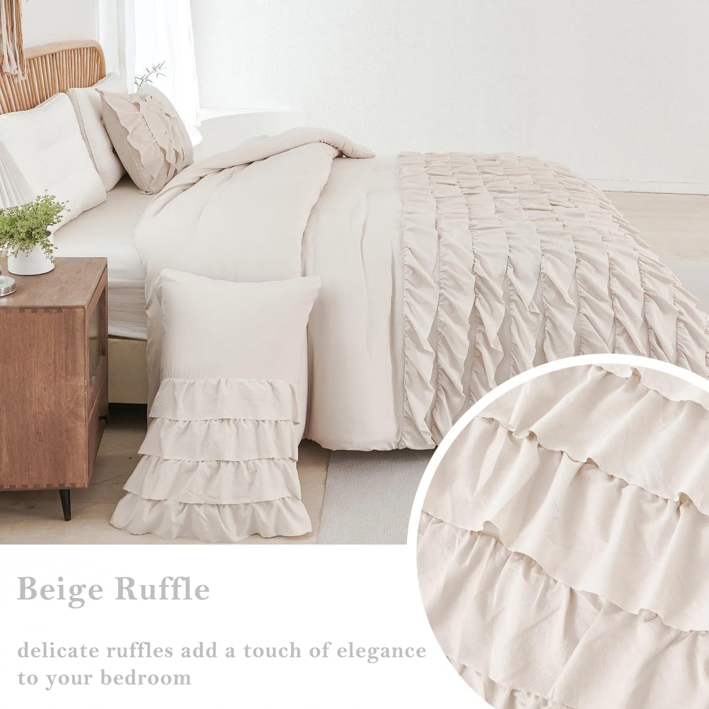 PERFEMET Queen Comforter Set 3 Pieces Beige Ruffled Comforter Set Shabby Chic Bedding Sets for Women Teen Girls Fluffy for All Season
