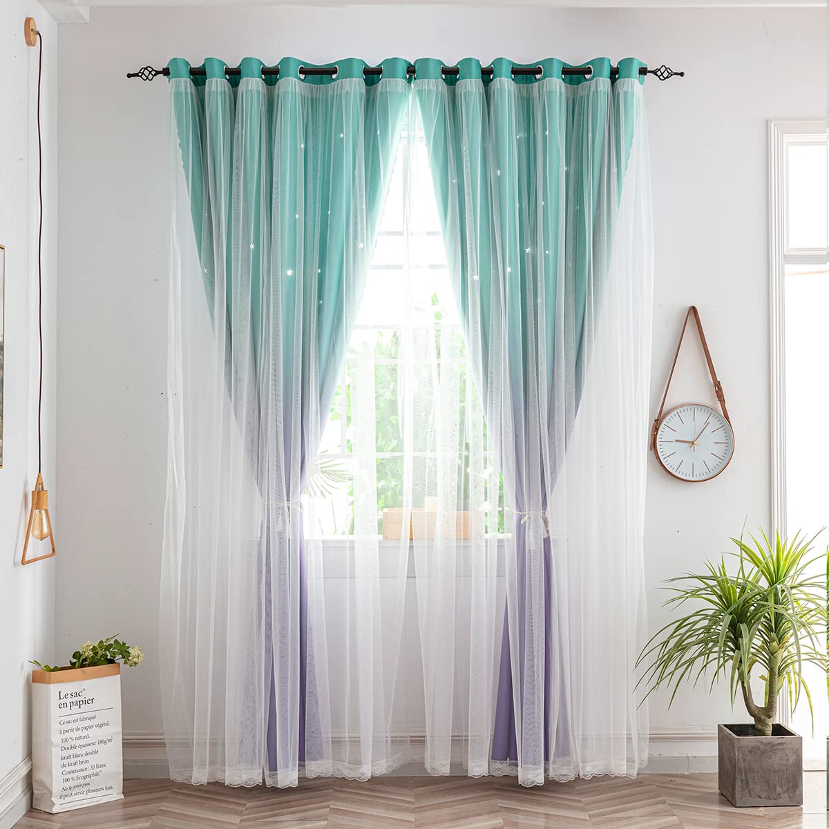 Yancorp Kids Curtains for Girls Bedroom Princess Curtains for Daughter Room 84 Inches Long Star Curtains with Tieback & 3 Bowties(Purple Teal,W52*L84),1 Panel