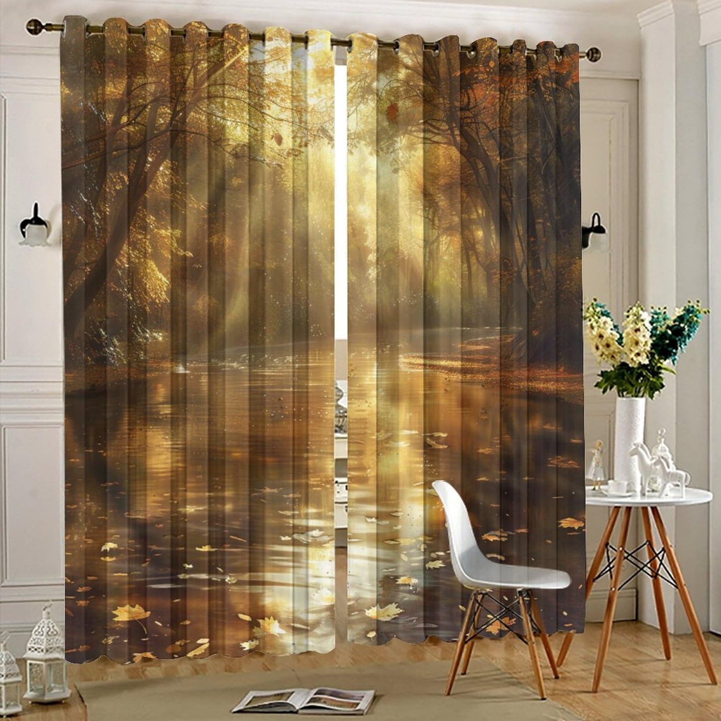 TOWINSFB Autumn River Tree Blackout Curtains for Bedroom/Living Room, Nature Landscape Maple Leaf Grommet Curtains Thermal Insulated Window Drapes, 2 Panels, Each 21W x 63L