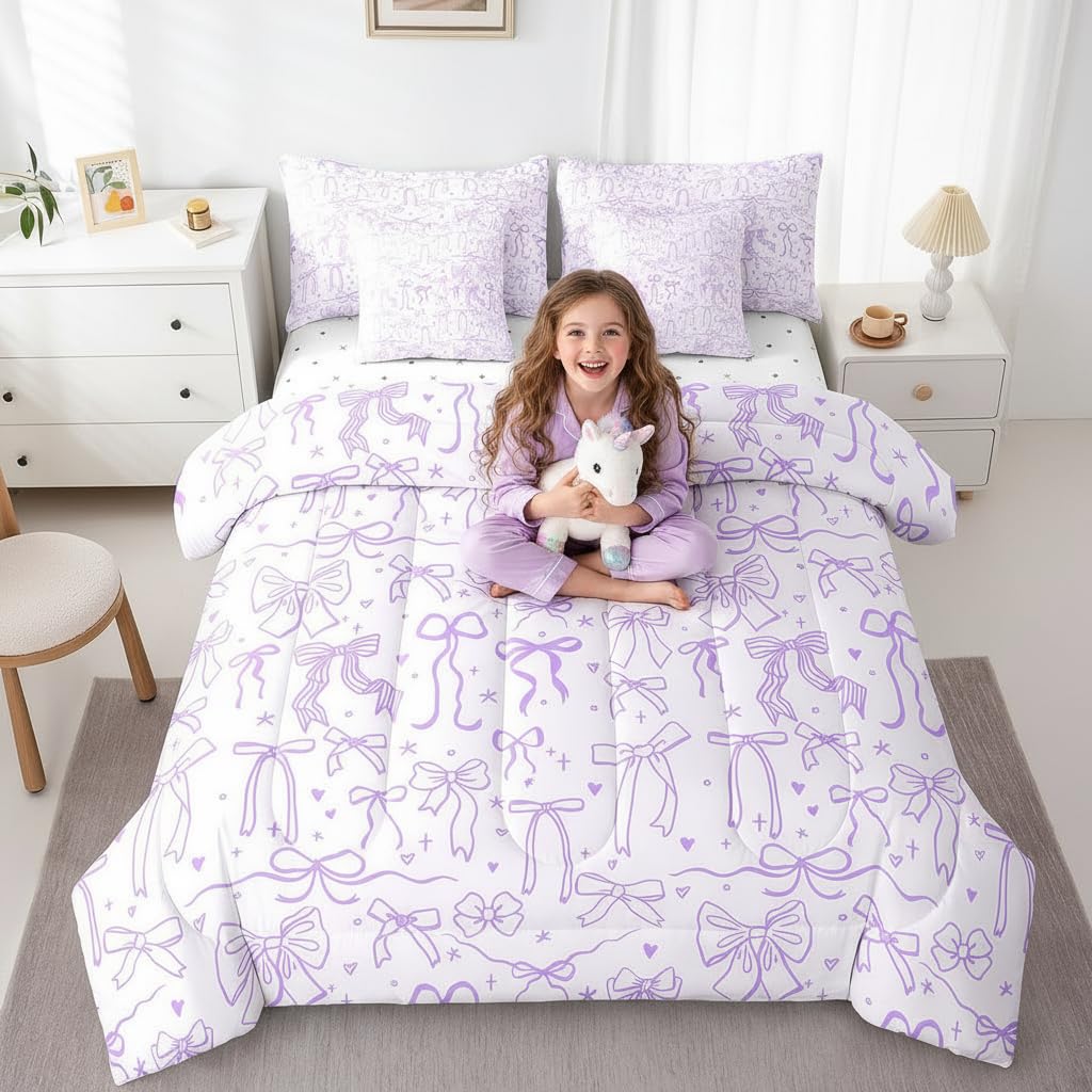 7 Pieces Kids Comforter Full Size,Purple Bow Comforters Cartoon Bowknot Bedding Butterfly Knot Princess Girl Bed Sets,Bow Star Love Girly Comforter Fitted Flat Sheet Pillowcase Throw Pillow Cover