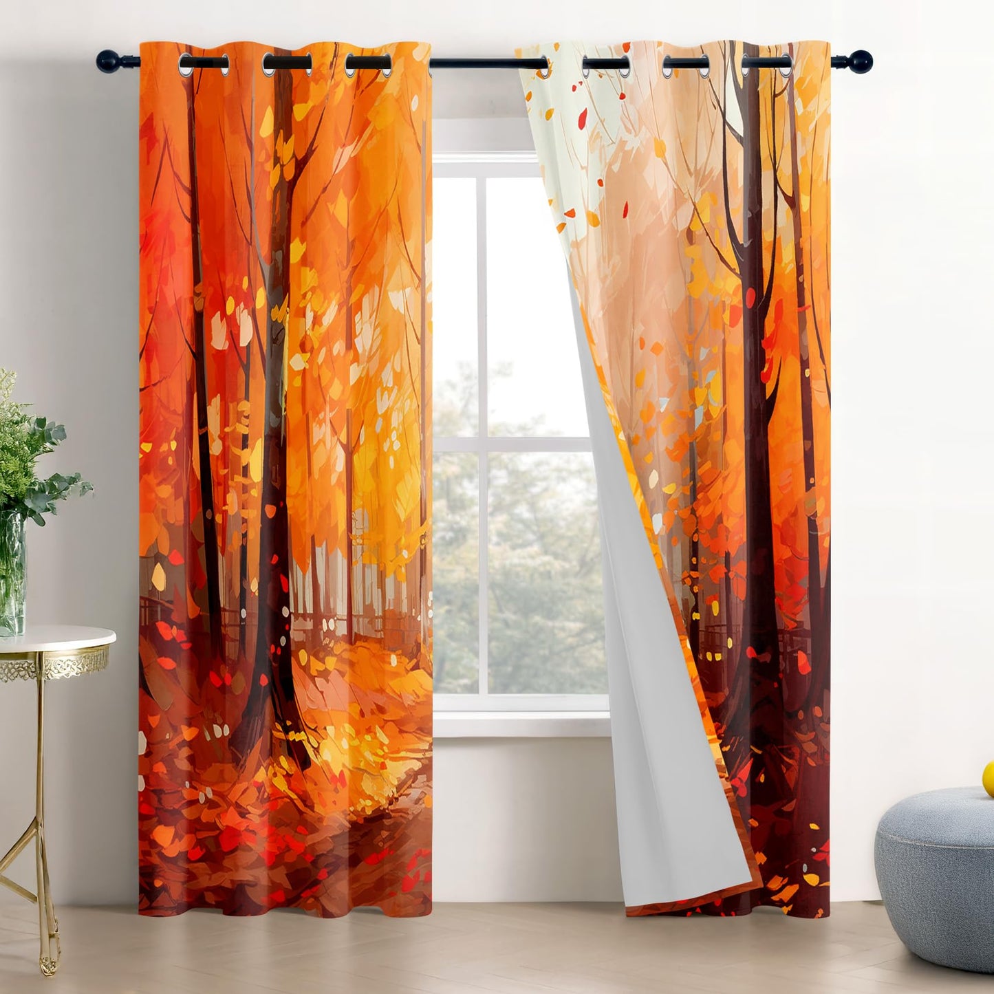 Fall Scenery Curtains 63 Inch Length, Autumn Forest Landscape Painting Art Blackout Curtains for Bedroom Living Room, Room Darkening Thermal Insulated Grommet Drapes, Patterned Window Treatments