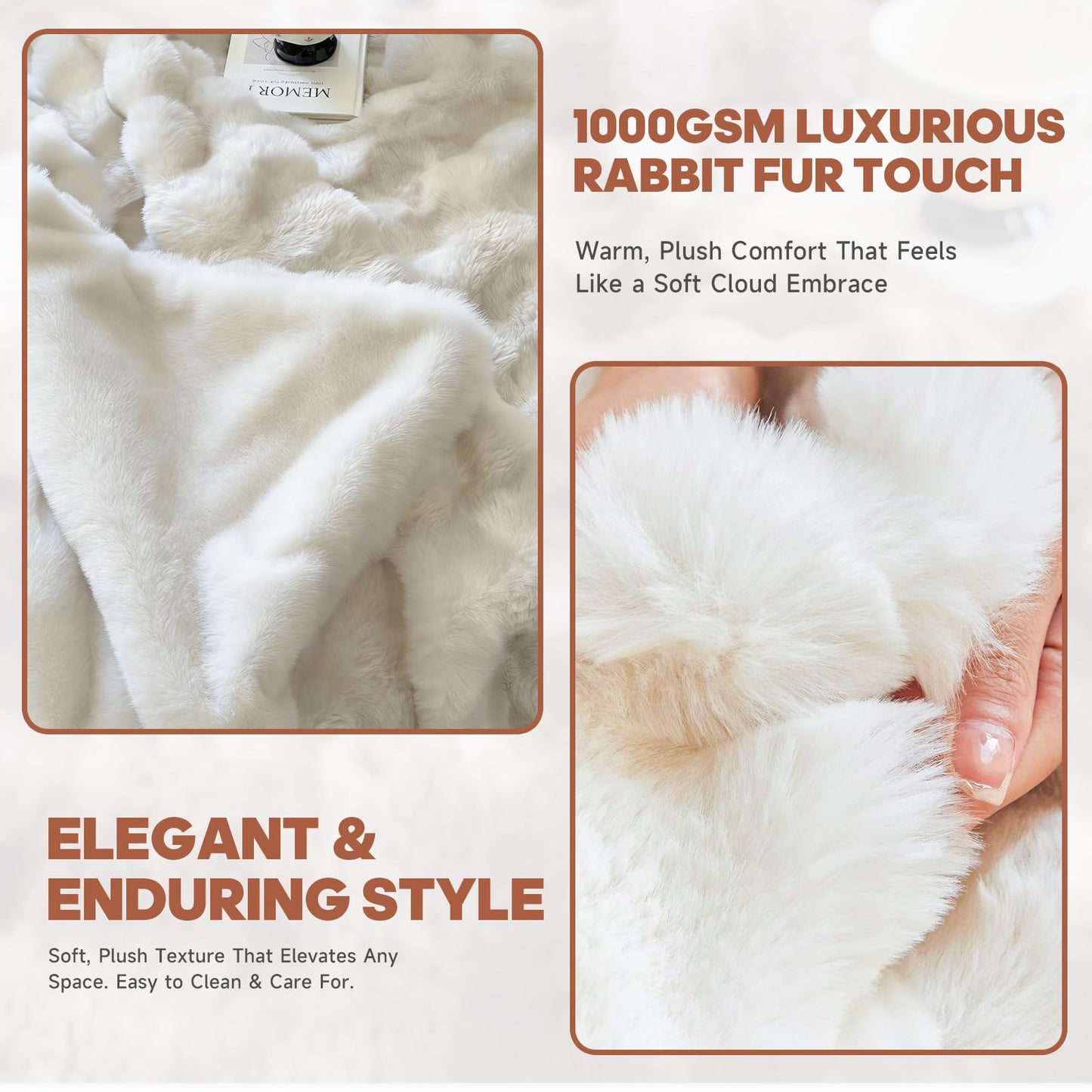 Luxury Faux Rabbit Fur Bubble Throw Blanket, Elegant White, Ultra Soft Plush 3D Bubble Design, Reversible Mink Blanket for Couch, Sofa, Bed & Living Room, 50" x 60" Gift for Women & Family