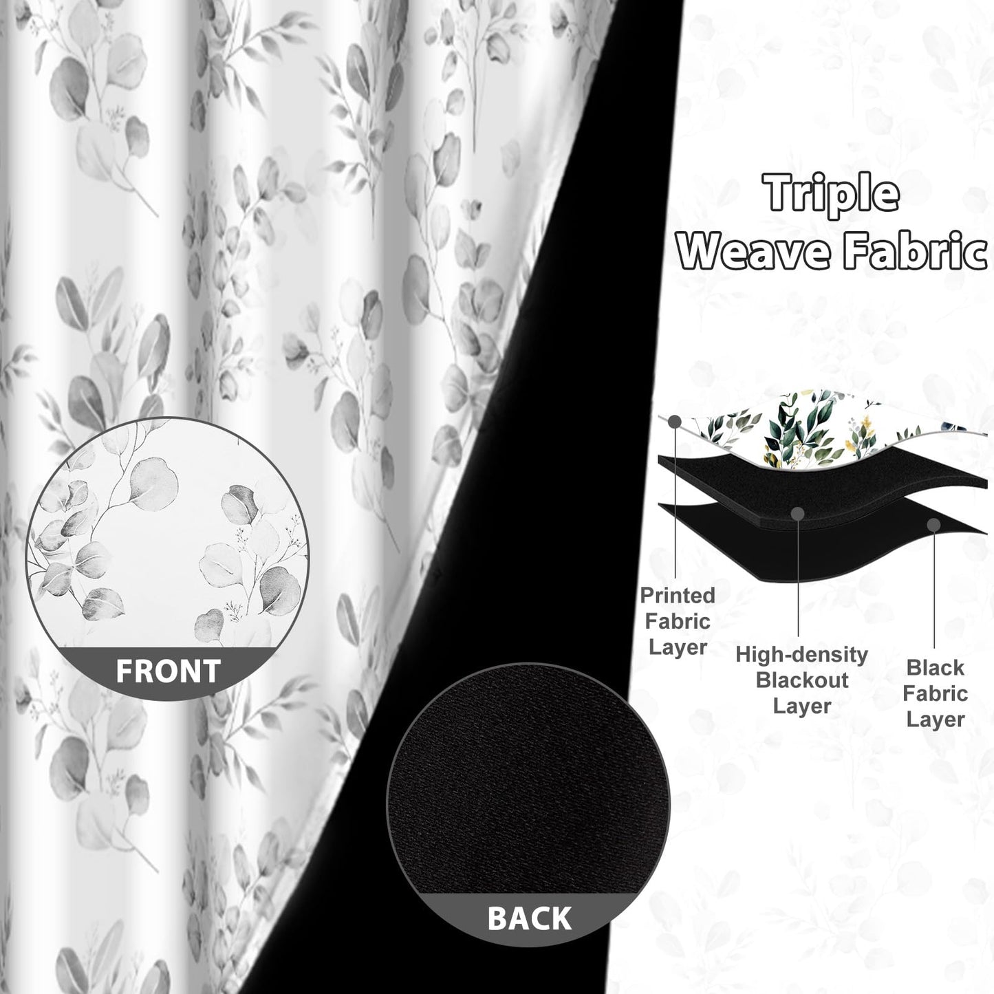 GICDSU Gray Botanical Leaf 90% Blackout Curtains 63 Inches Long Watercolor Floral Print Room Darkening Curtains with Grommet Country Soundproof Insulated Window Drapes for Bedroom Living Dining Room