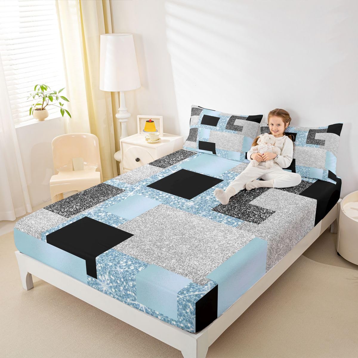 Feelyou Modern Abstract Bed Sheets Set Queen Size Geometric Aesthetic Bed Set for Kids Boys Girls Blue Glitter Deep Pocket Fitted Sheet Breathable Soft Lightweight Microfiber