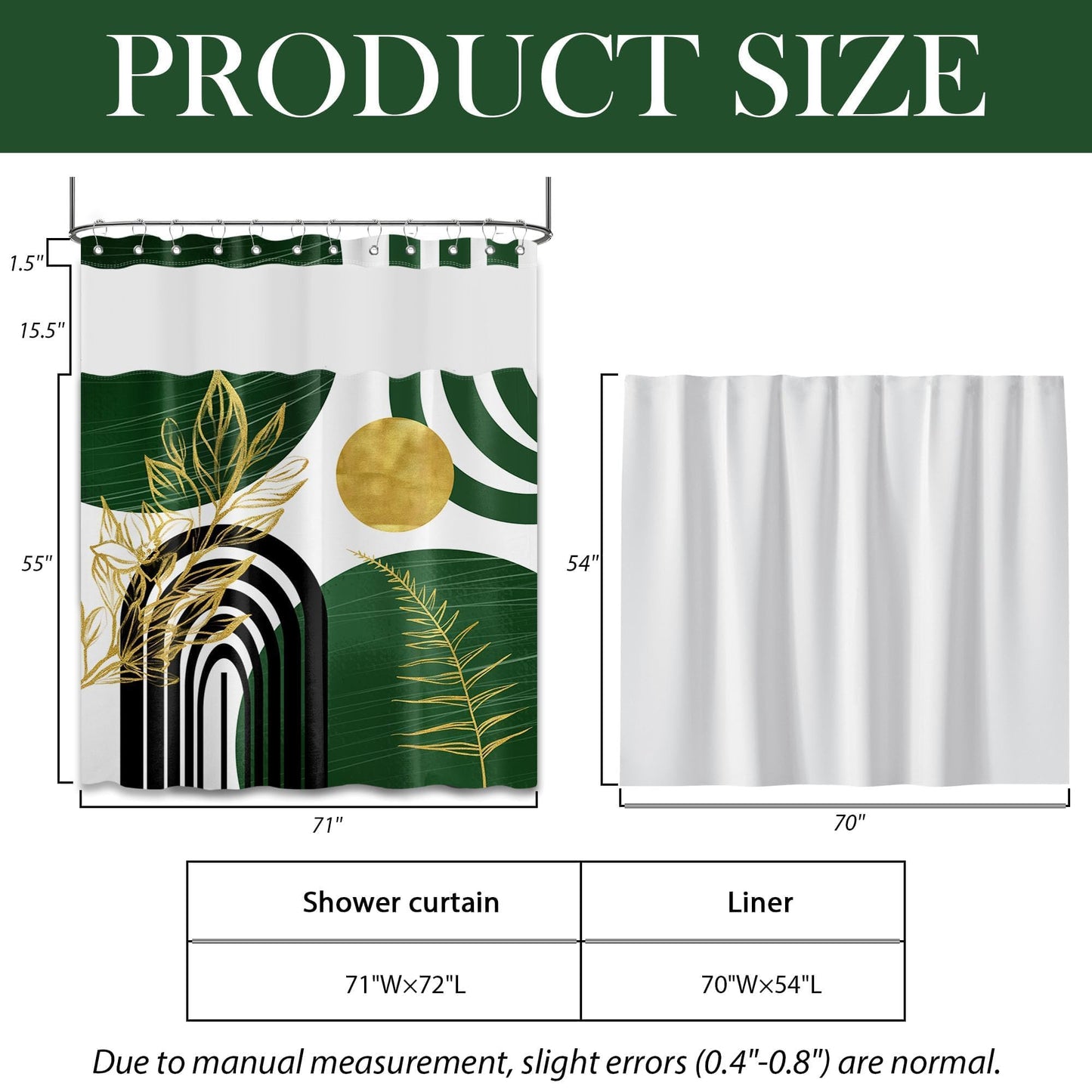 Bxpaitx Olive Green Bohemian See Through Mesh Top Shower Curtain with Window, Emerald Green Mid Century Modern Double Layer Shower Curtains with Snap in Liner, Waterproof Fabric with Hooks, 71x 72 in