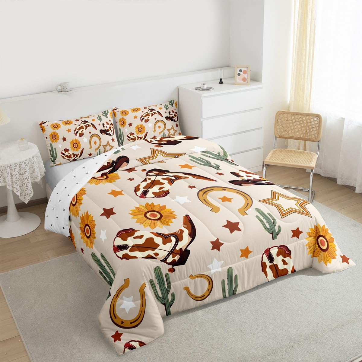Feelyou Western Comforter Set Full Size Cowgirl Bedding Set for Kids Boys Girls Western Cowboy Boots Duvet Quilt Wild West Cactus Flower Bedroom Decor Beige Microfiber 3 Pcs with 2 Pillow Cases