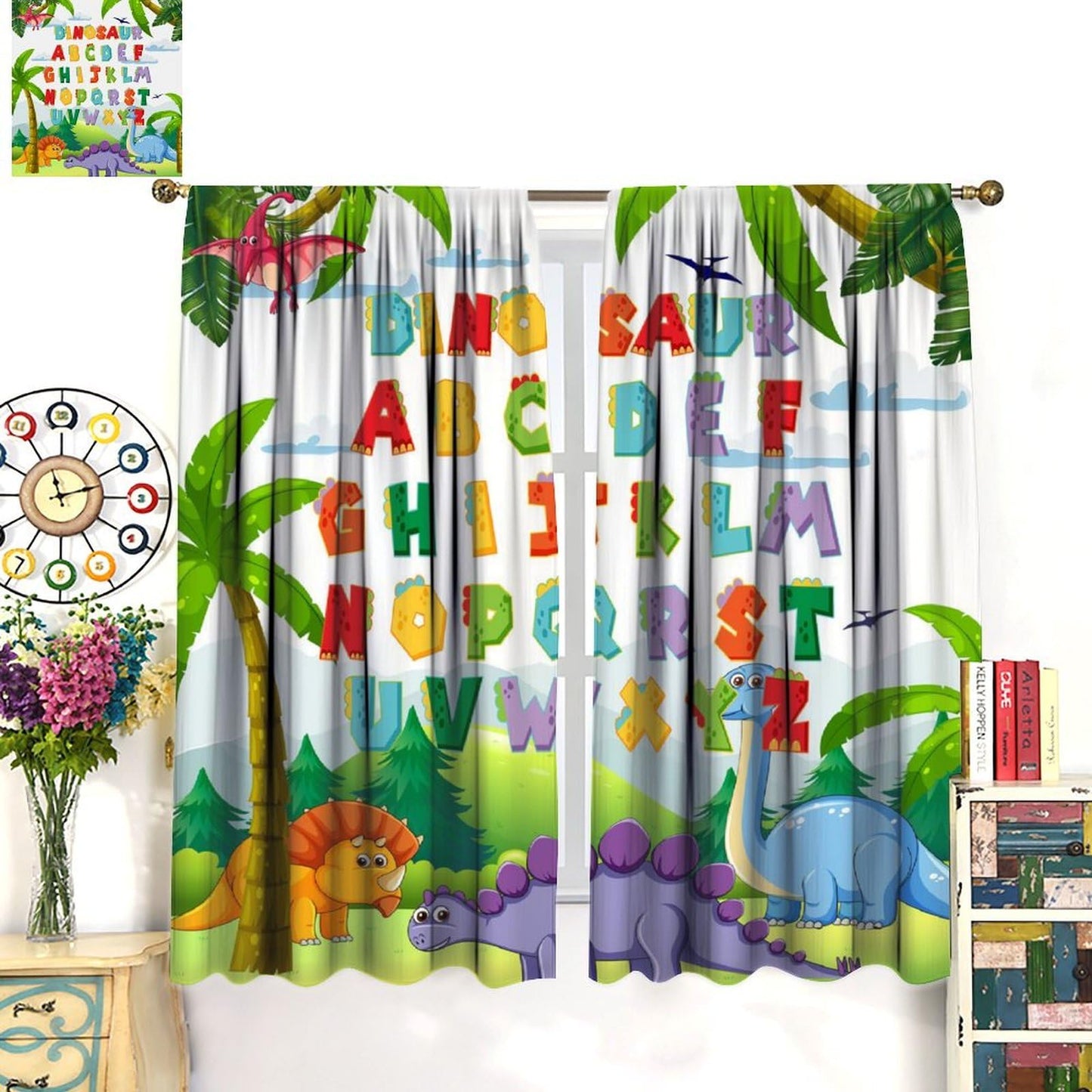 AAVEUP Dinosaur Alphabet ABC Curtains, Cartoon Jurassic Forest Plants for Educational Learning Windows Treatments Drapes for Kids Boys Nursery Children Toddler Bedroom 42x45in（No Blackout）