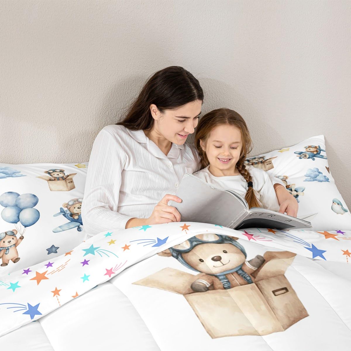 Erosebridal Cartoon Aircraft Full Bedding Set, Cute Bear Airplane Propeller Plane Comforter Set for Kids Boys Girls Adults Bedroom, Lovely Bird Animals Comforter, Balloon Star Cloud Quilt