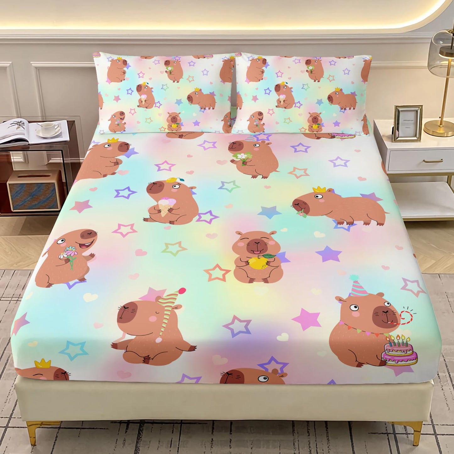 AILONEN Kawaii Capybara Fitted Sheet Set Twin Size,Cute Cartoon Capybara Rainbow Bedding Set for Girls Kids,Lovely Animal Star Fitted Sheet & 2 Pillowcases-3 Pieces