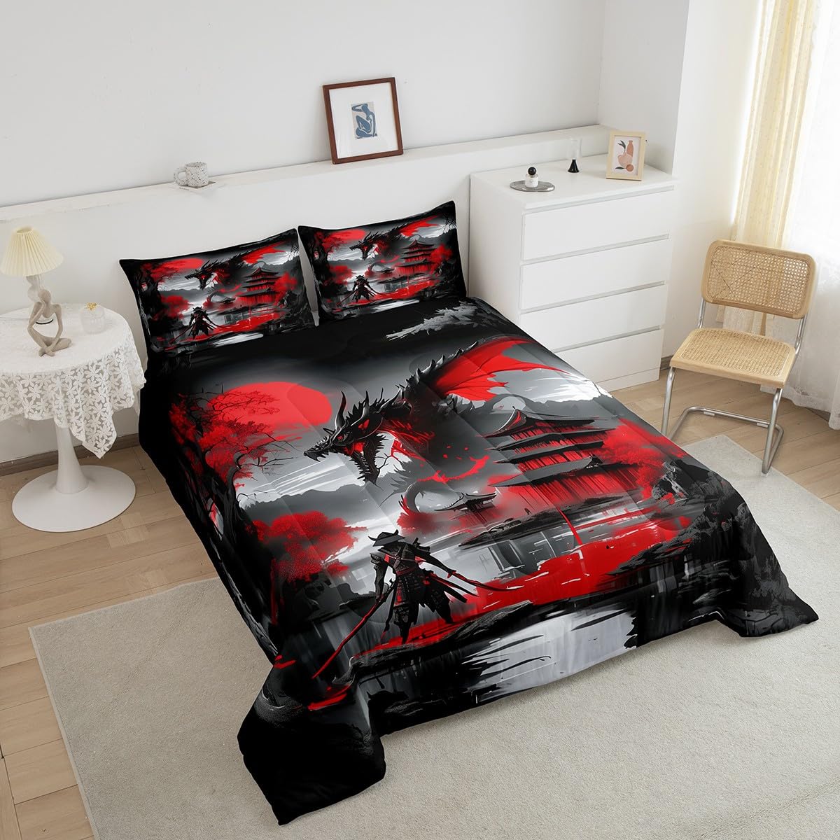 Erosebridal Japanese Style Twin Down Comforter Dragon Comforter Set Magical Animals Bedding Set Western Wildlife Theme Quilt for Boys Kids Teens Adult Bedroom, with 1 Pillow Cases