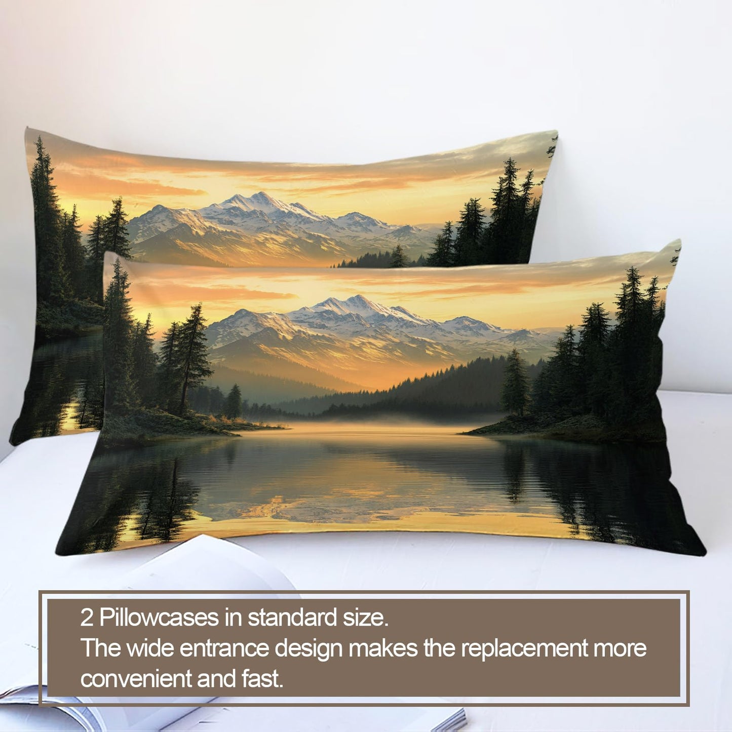 PAISUOQ Landscape Bedding Duvet Covers, Lakes and Mountains Comforter King Size, Sunset Landscape Bedding Sets with Zipper & Ties, 3 Pieces with 2 Pillowcases, Home Decor & Gifts