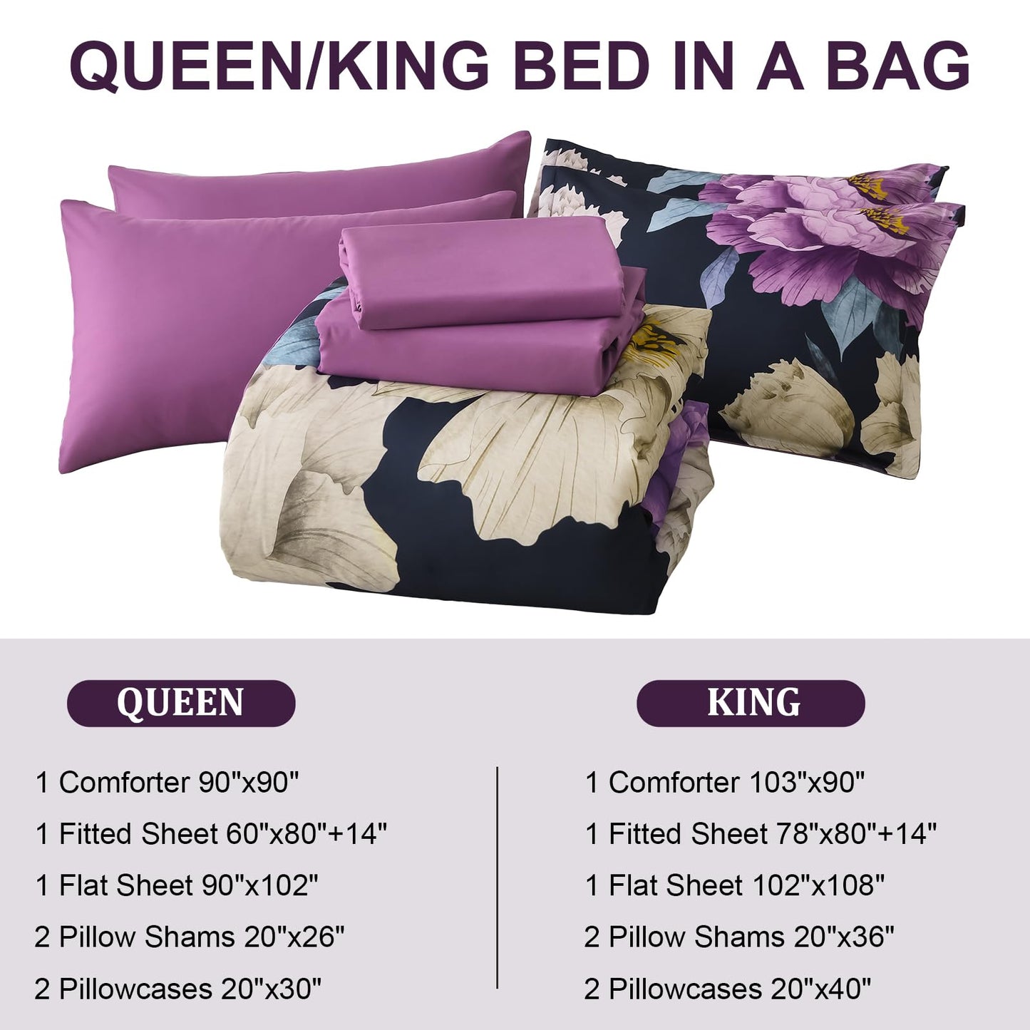Dobuyly Dark Purple Comforter Set Queen 7 Piece Bed in a Bag, Elegant Floral Comforter Set with Sheets, Soft Microfiber Botanical Flower Bedding Set for All Season