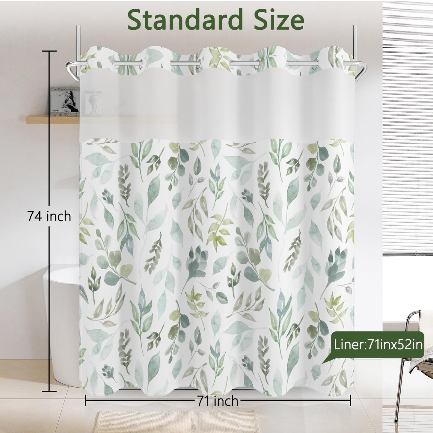 No Hook Shower Curtain with Snap in Fabric Liner Set, Waterproof & Washable, Boho Green Botanical Leaf Floral Shower Curtains for Bathroom, Rustic Modern Hotel Style Plant Bathroom Curtain, 71x74 inch