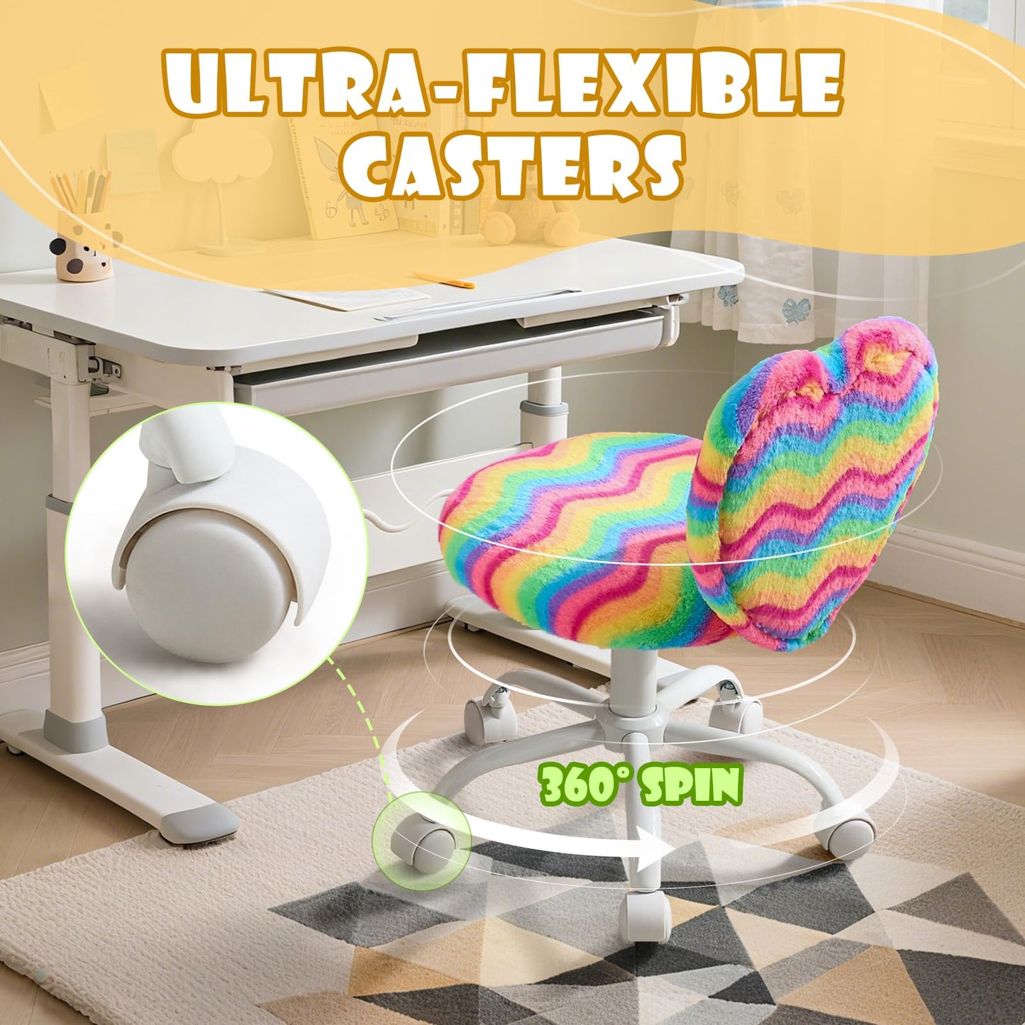 Lessmore Heart Kids Desk Chair，Girls Desk Chairs,Comfy Swivel Computer Chair for Girls Room, Fluffy Kids Office Chair for Reading & Vanity，Rainbow