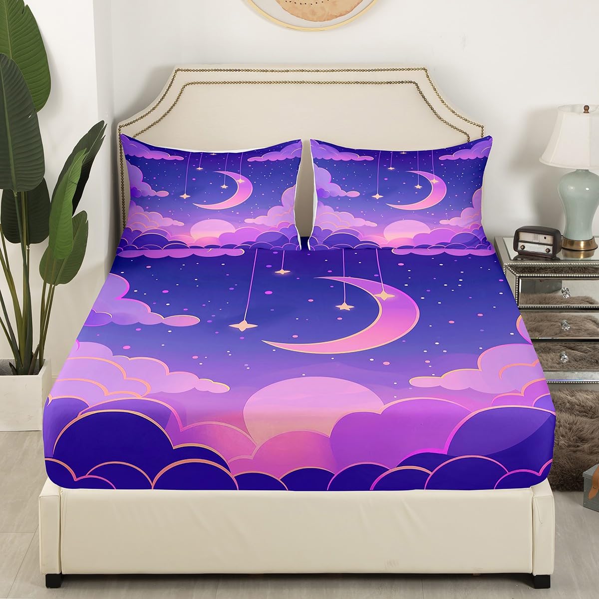 Moon Night Kids Fitted Sheet Full Size,Cartoon Moon Stars Clouds Bedding Set,Boys Girls Room Decor,Starry Sky Romantic Bed Cover,Purple Yellow Bed Sheet,2 Pillowcases