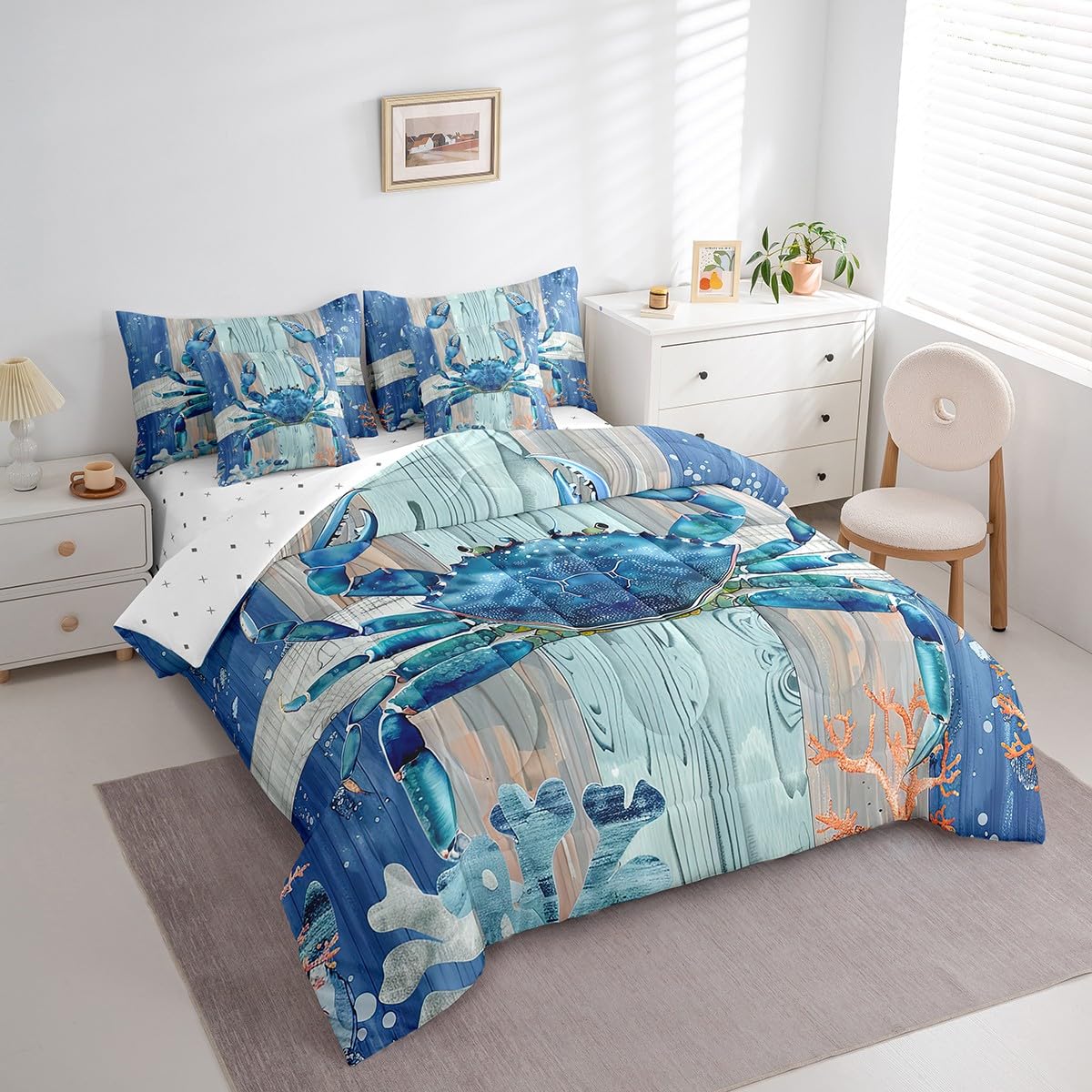 Erosebridal Ocean Crab Comforter Set 7 Piece Bed in a Bag Twin,Under Sea Coral Reptile Bedding Sets Nautical Sea Animal Sheet Set with Comforter,Blue