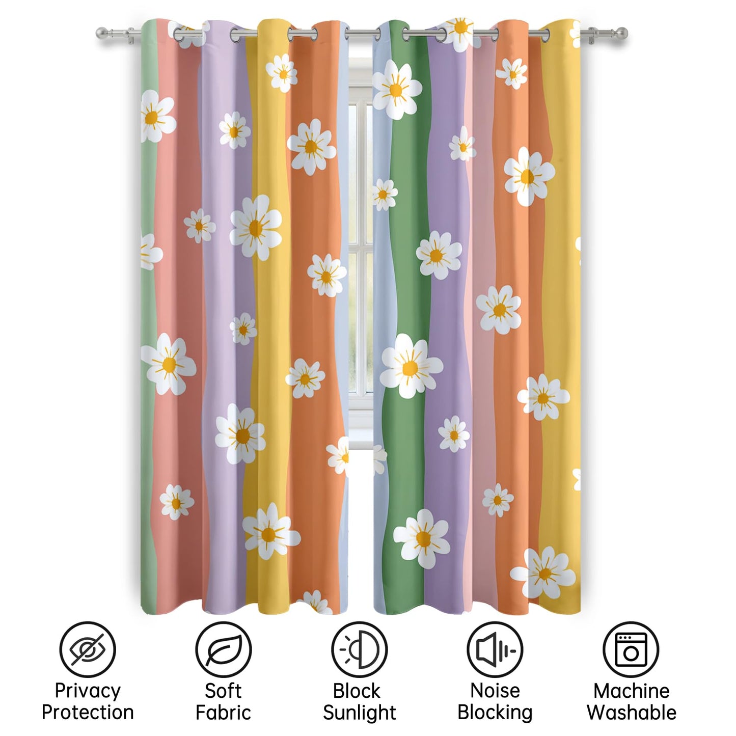 Mistwalk Retro 70s Daisy Blackout Curtains for Bedroom & Living Room, 63 Inch Curtains 2 Panel Set, Room Darkening Thermal Insulated Grommet Drapes, Girls Rainbow Floral Patterned Window Treatments