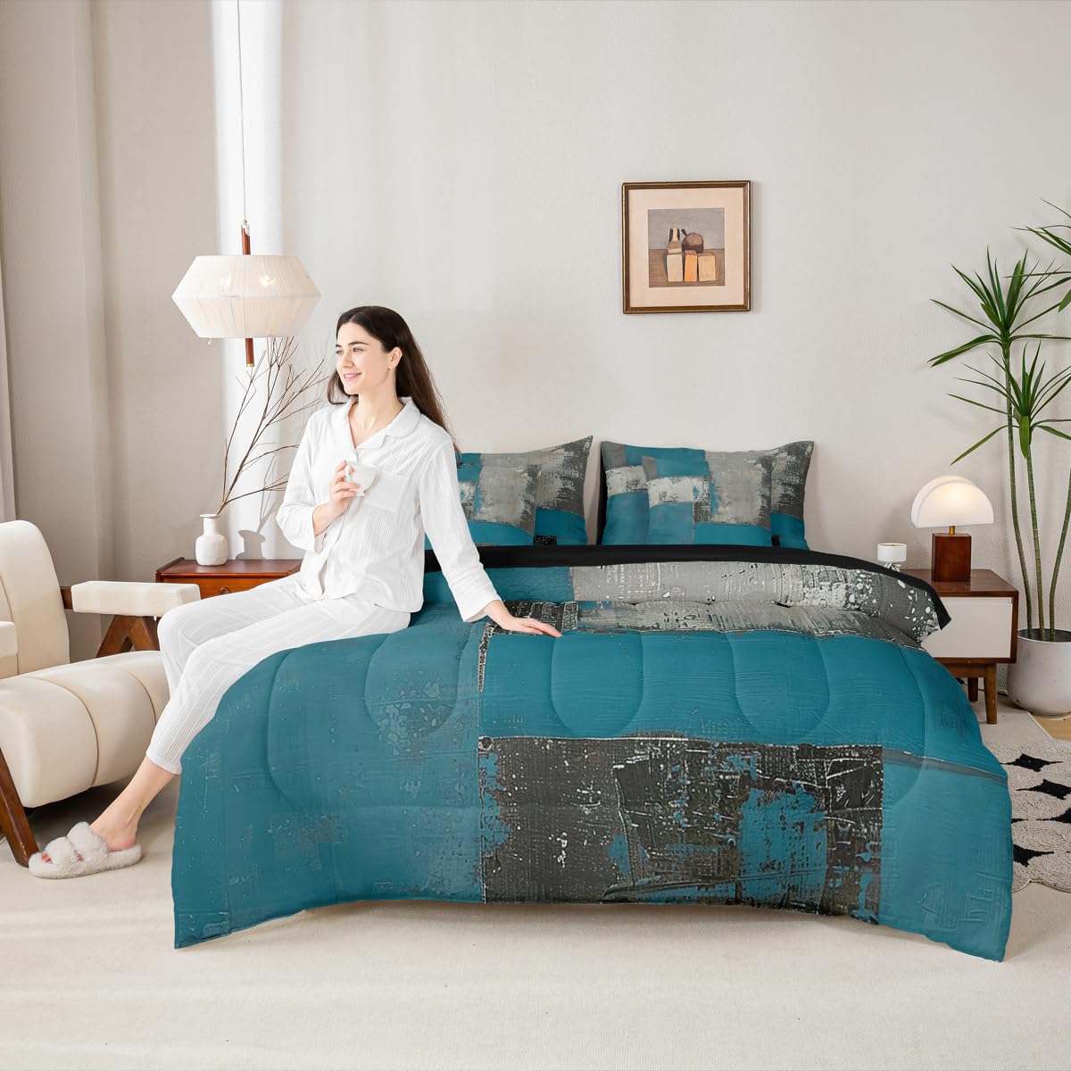 Feelyou Abstract Comforter Set with Sheets 7 Piece King Size Modern Abstract Art Bed in a Bag Kids Boys Girls Luxury Bedding Set Geometric Bedroom Decor Gray Blue Soft Lightweight Microfiber