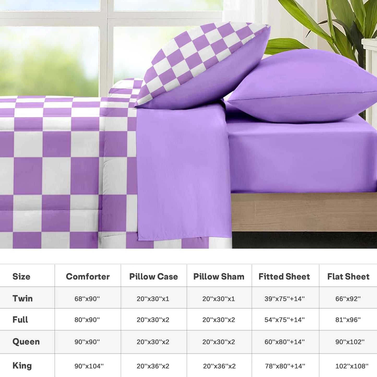 Nesker Comforter Set Full Size, Purple Plaid Gingham 7 Pcs Bedding for Kids and Adults, Checkerboard Grid Bed Sheet Sets with Fitted Sheet 2 Pillowcases & 2 Shams
