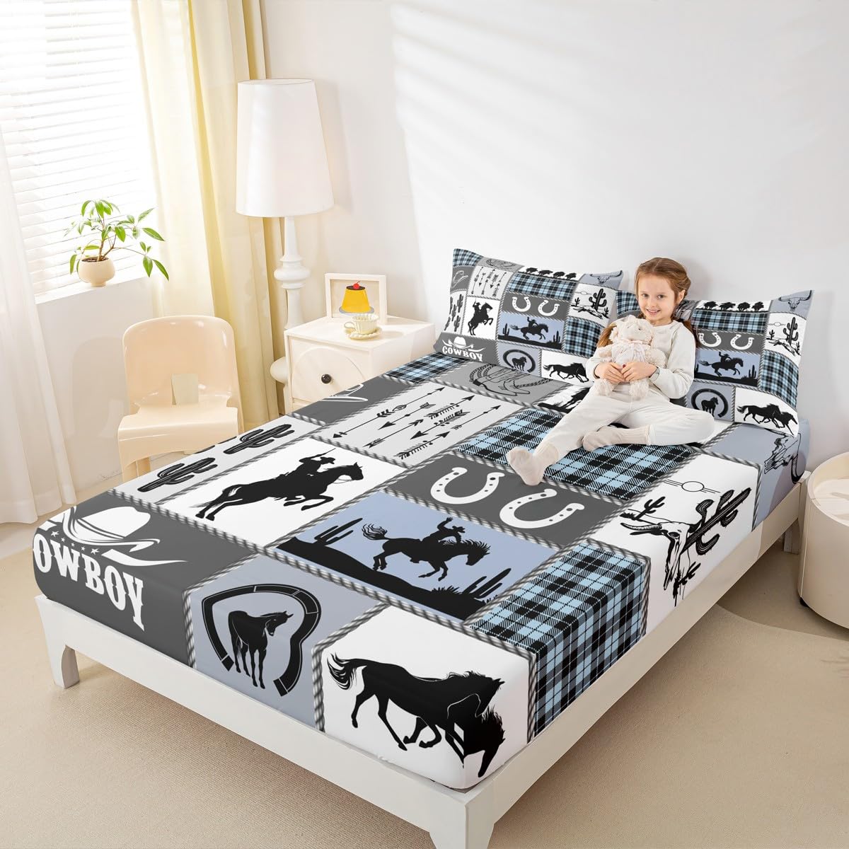 Western Cowboy Kids Fitted Sheet Full Size,Horseshoes Cactus Rustic Farmhouse Bedding Set,Boys Girls Adults Room Decor,Arrow Geometric Plaids Bed Cover,Blue Retro Bed Sheet,2 Pillowcases
