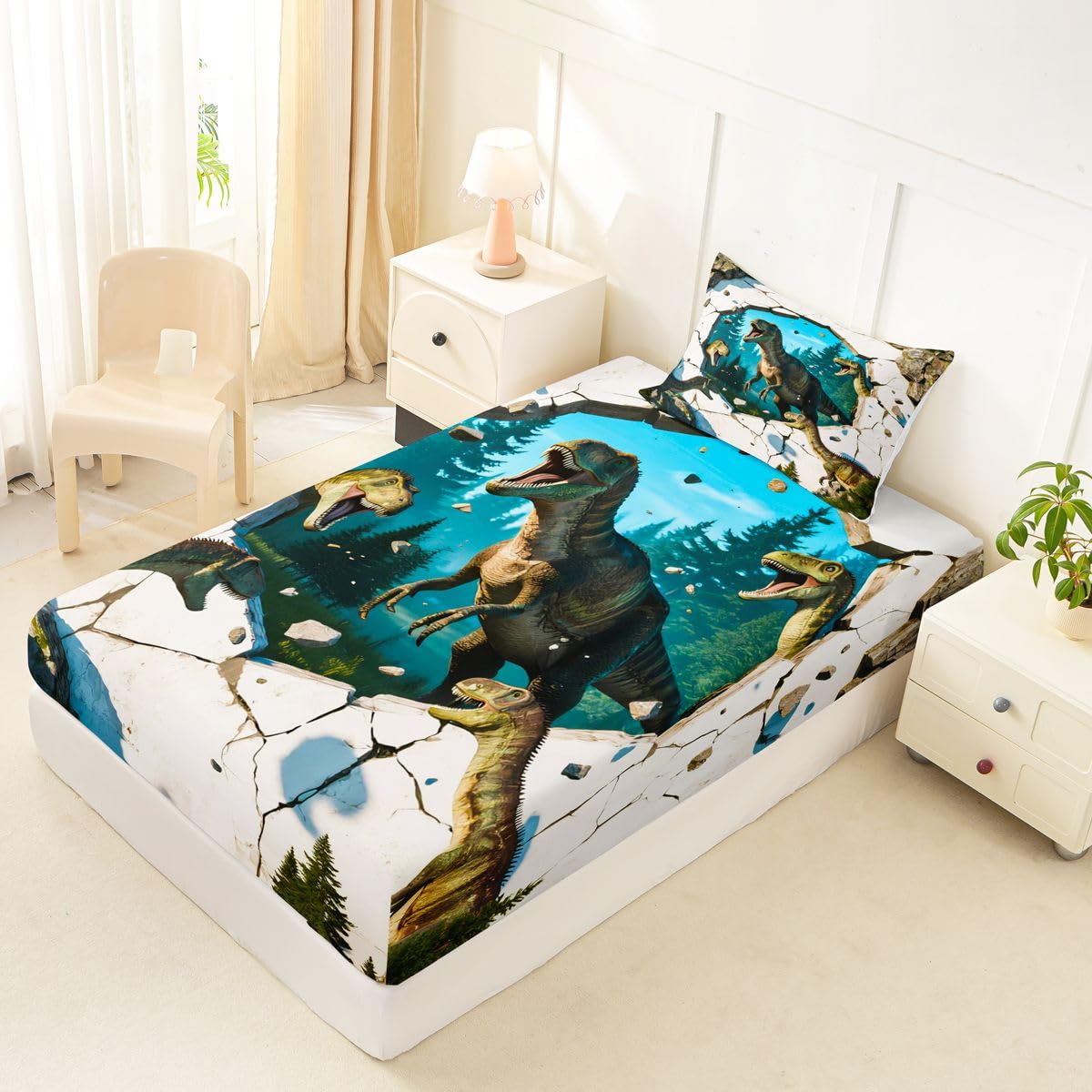 Feelyou Dinosaur Bed Sheets Set Twin Size 3D Digital Print Deep Pocket Fitted Sheet Jungle Dino Bedding Sets Wild Animal Soft Bed Set 3Pcs with 1 Pillow Cases Blue White Green