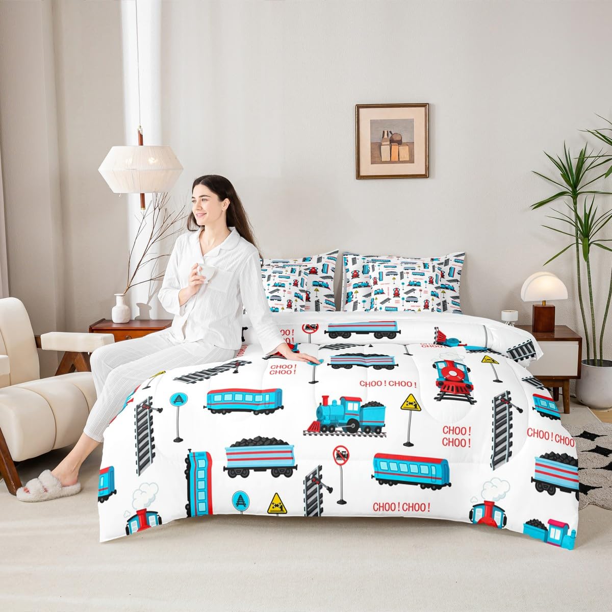 jejeloiu Tramcar Comforter Set with Sheets 7 Piece Twin Size Cartoon Car Bed in a Bag Kids Boys Girls Wired Trolley Car Bedding Set Bedroom Decor Breathable Soft Lightweight Microfiber