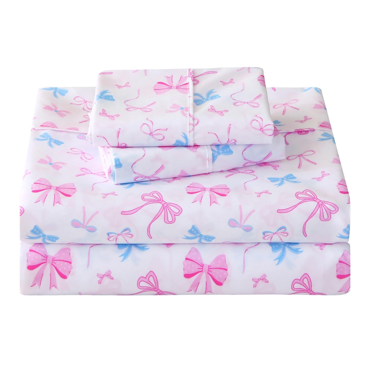 Softan Kids Bed Sheet Set, Girls Full Size Kids Sheets, Microfiber Fitted Sheet and Pillowcase, Breathable and Silky Soft, 4 Piece Colourful Bowknot Printed Full Bed Sheet