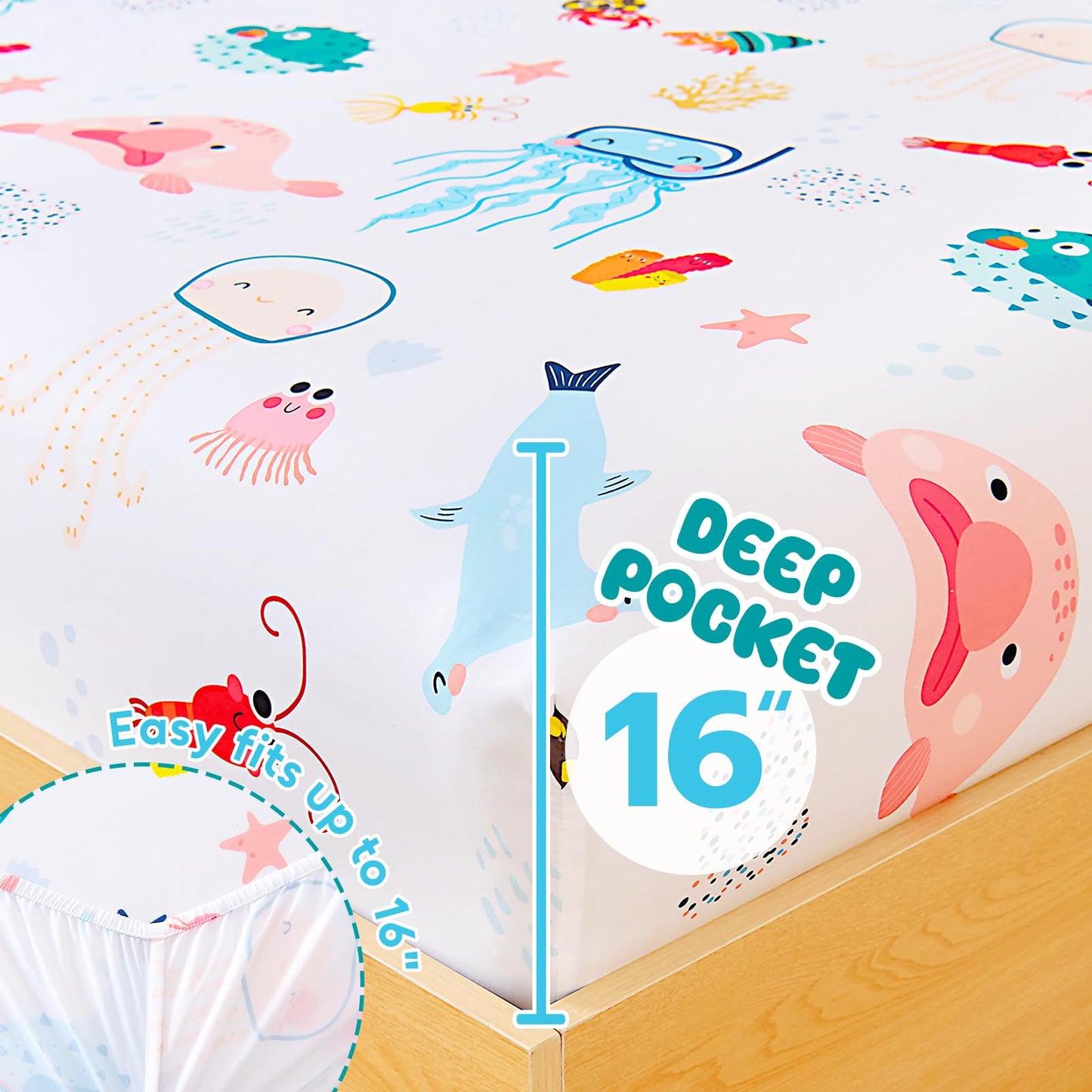 Homilay Full Sheet Set Kids - Ocean Shrimp Crab Fish 4 Pieces Soft Microfiber Cartoon Style Bedsheets for Boys Girls Teens, Oeko TEX Breathable 15 Inch Deep Pocket Sheets(Marine Animals)