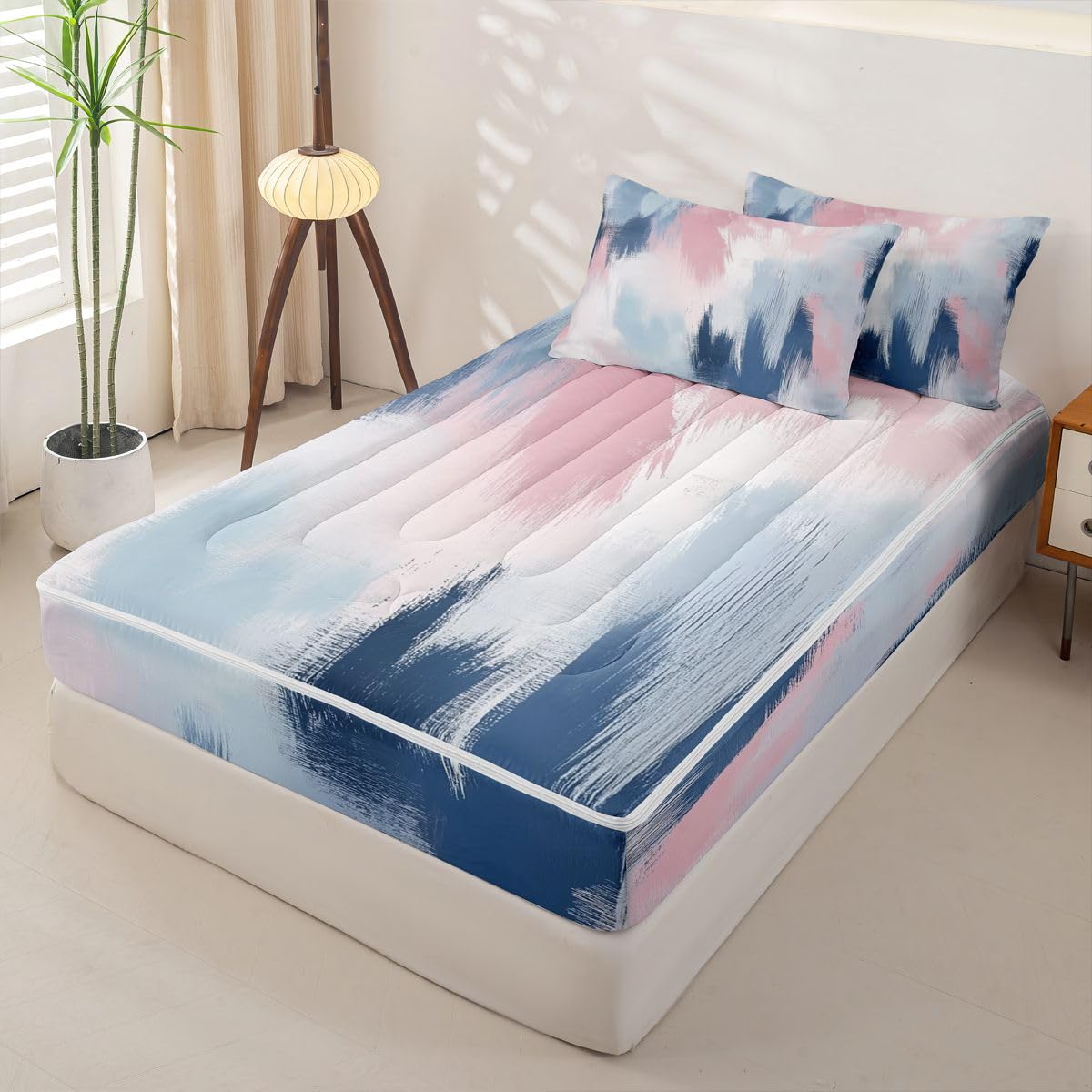 jejeloiu Abstract Comforter Set Twin Modern Art Zipper Bedding Set for Kids Boys Girls Luxury Bed in a Bag Microfiber with 2 Pillow Cases