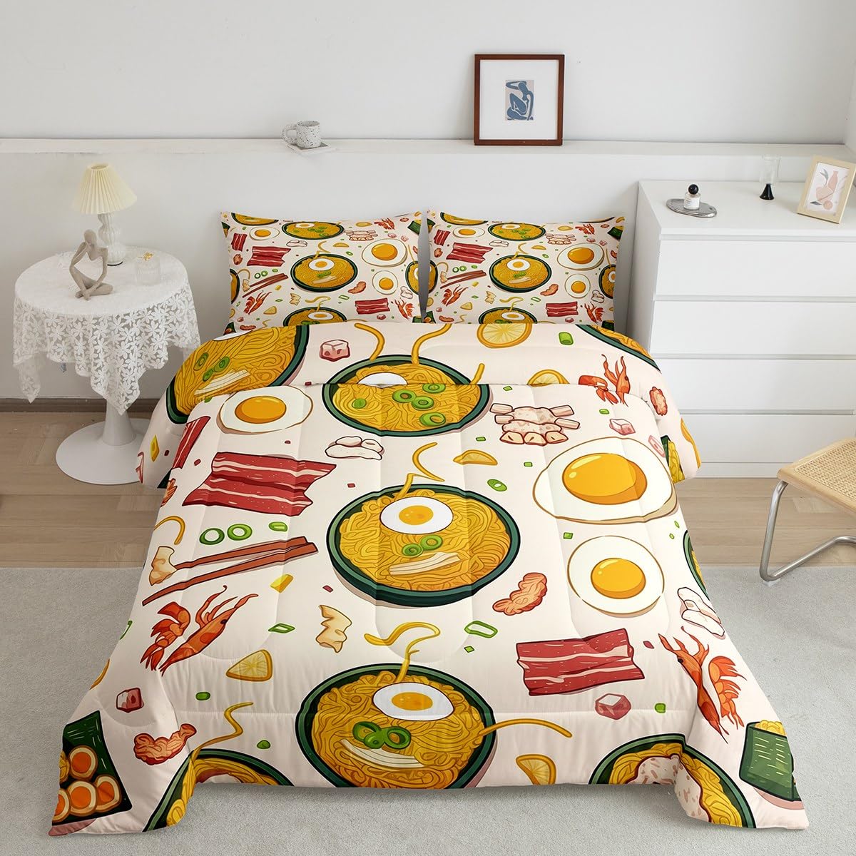 Erosebridal Ramen Noodle Queen Comforter Set,Japanese Food Bedding Set Ramen Gifts for Kids Boys Girls,Funny Food Quilt Bed Set Anime Style Bedding Comforter Sets with 2 Pillowcases Room Decor